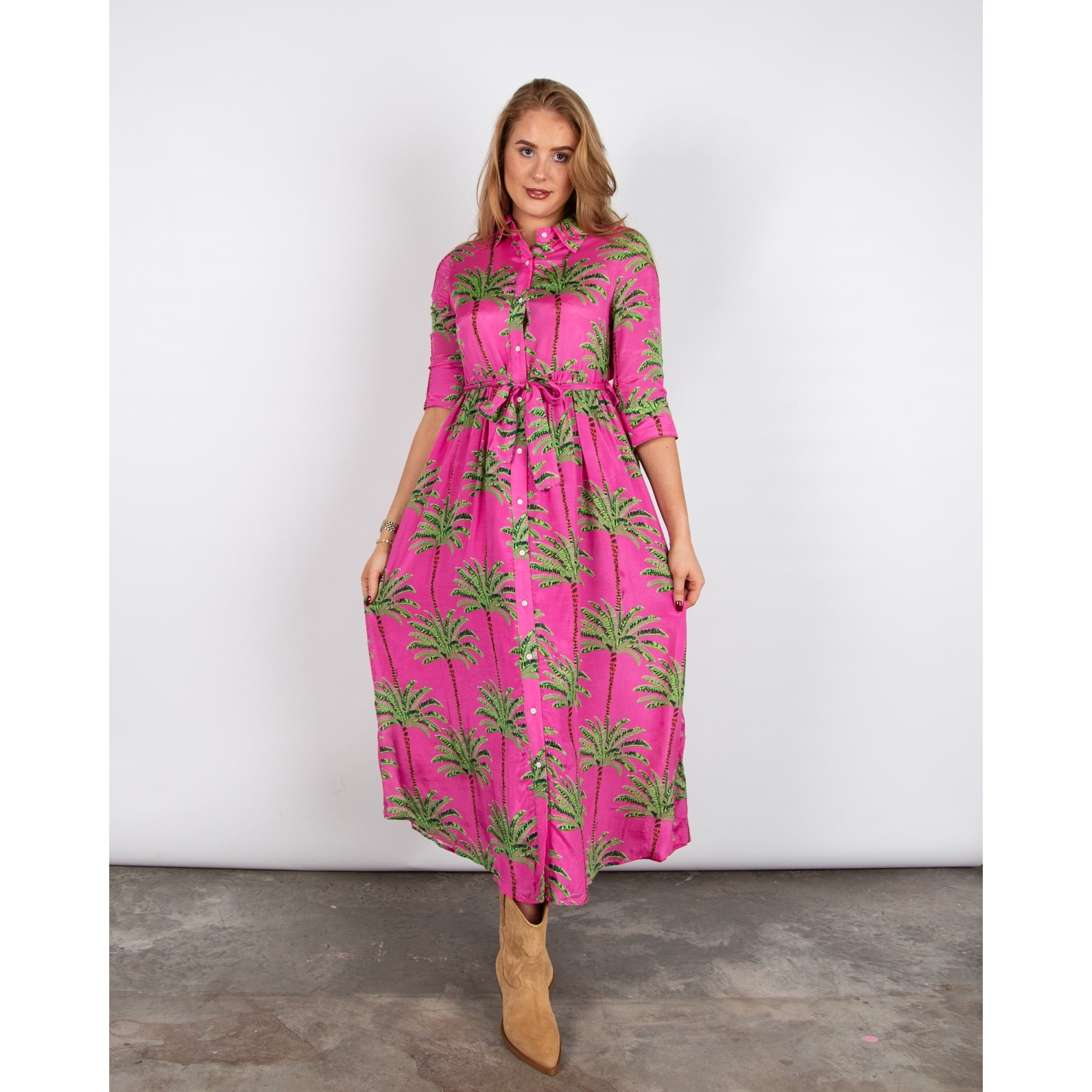 Vilagallo Natalia Palm Tree Print Belted Cotton Shirt Dress Pink/green
