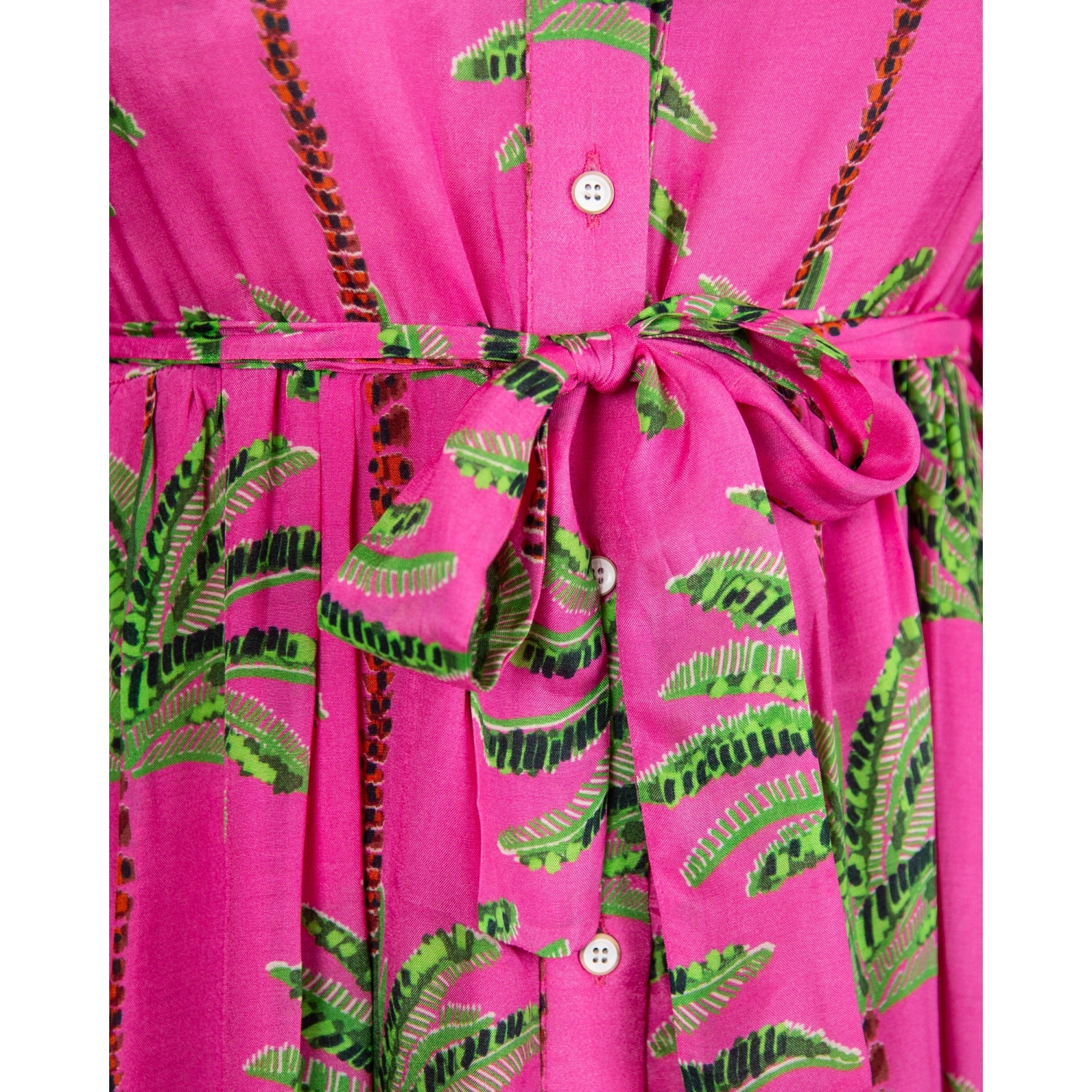 Vilagallo Natalia Palm Tree Print Belted Cotton Shirt Dress Pink/green