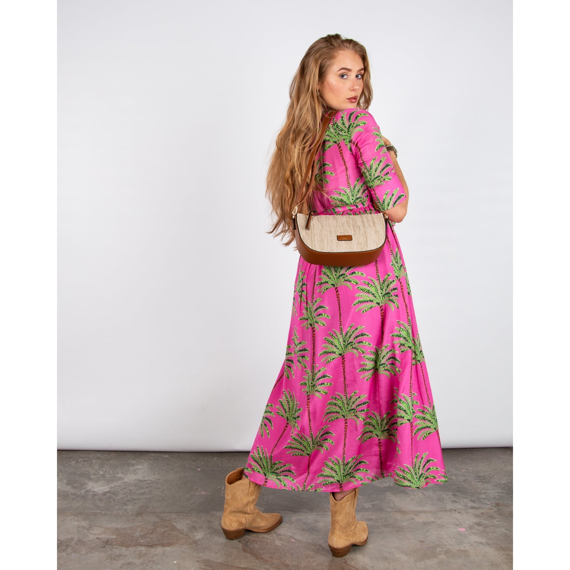 Vilagallo Natalia Palm Tree Print Belted Cotton Shirt Dress Pink/green