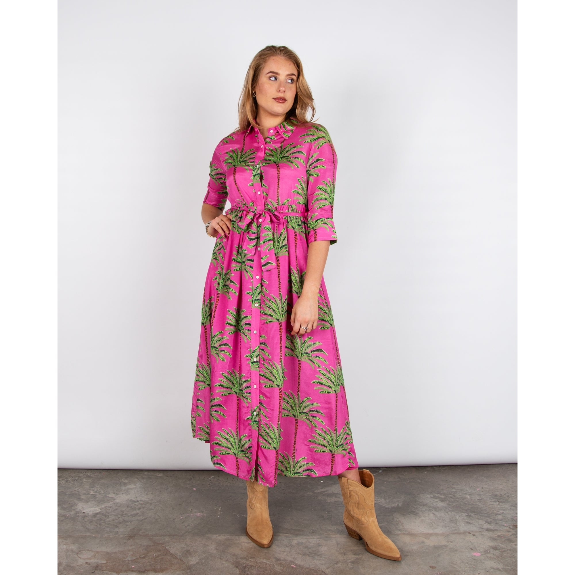 Vilagallo Natalia Palm Tree Print Belted Cotton Shirt Dress Pink/green