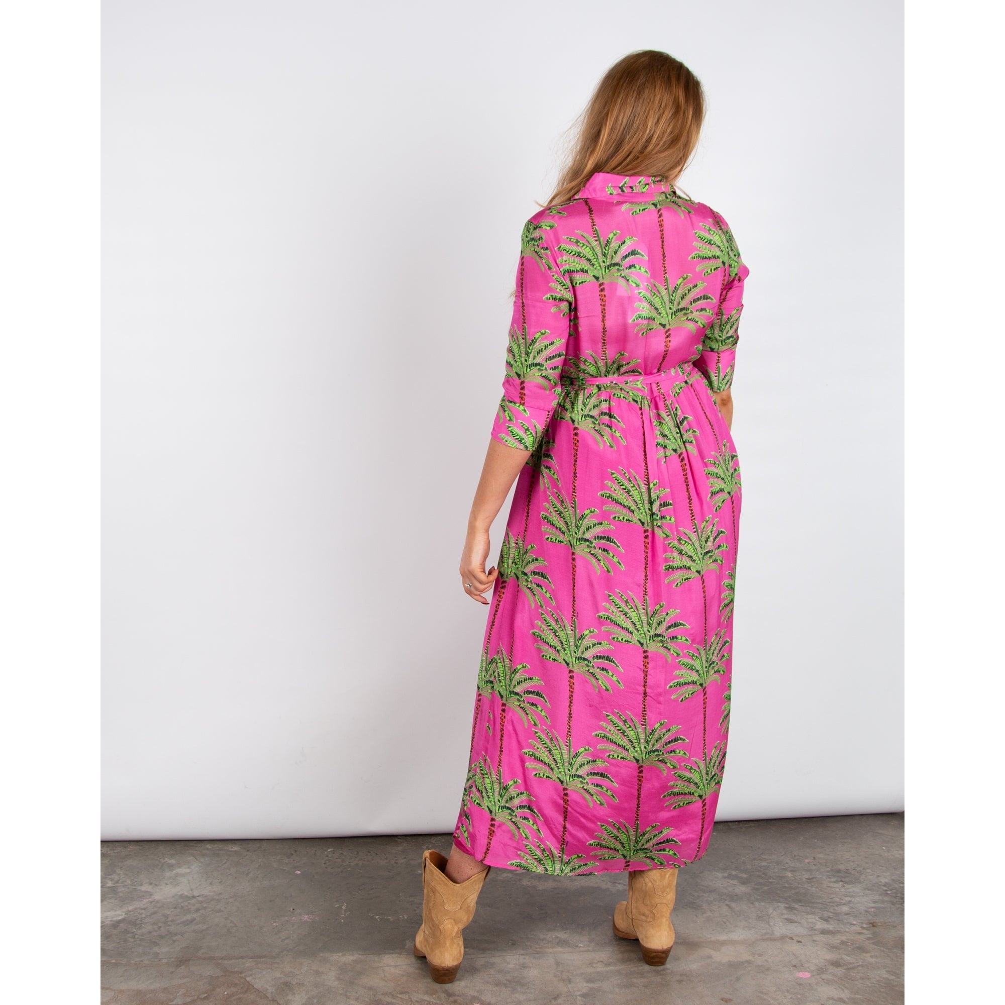 Vilagallo Natalia Palm Tree Print Belted Cotton Shirt Dress Pink/green