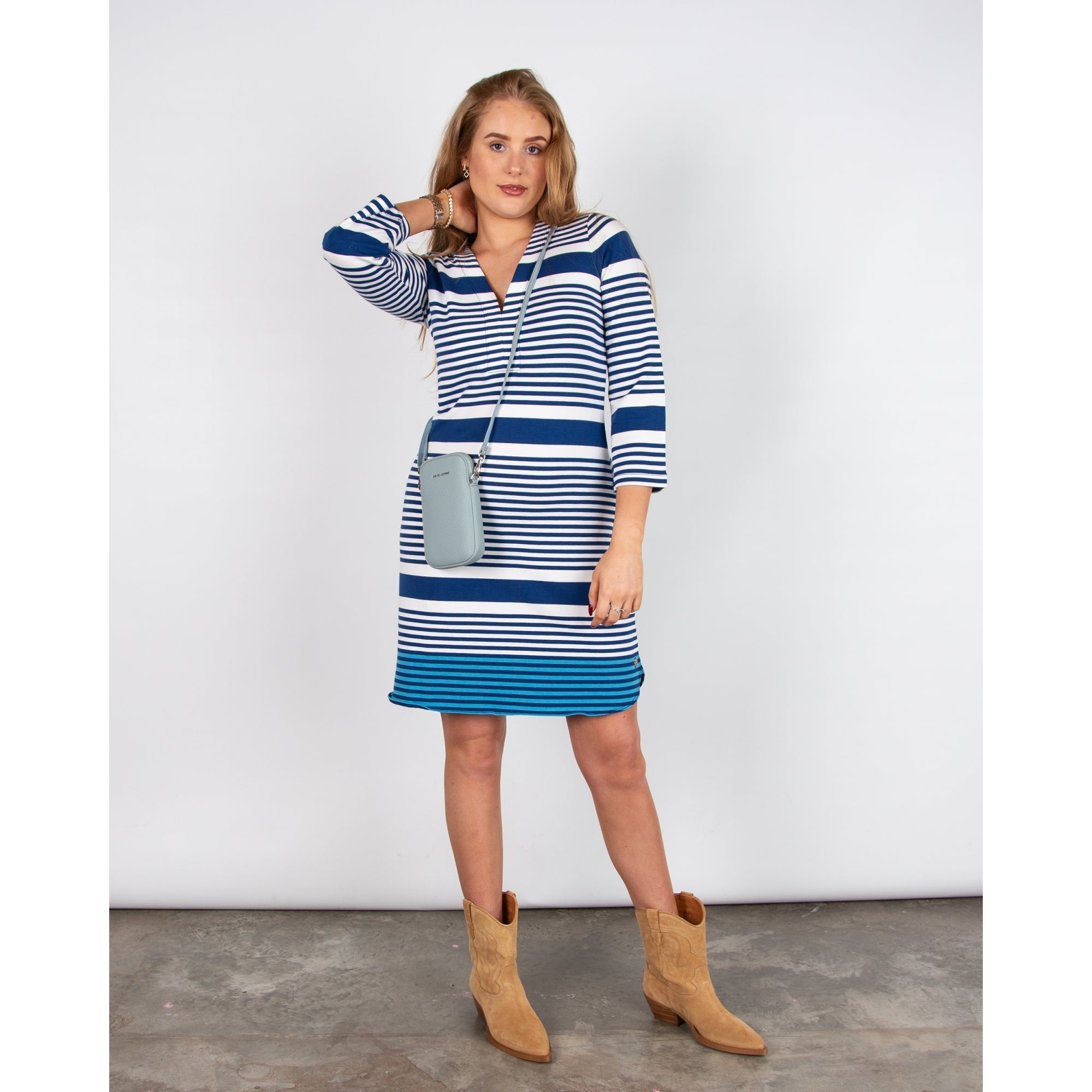 Hatley Ashley V Neck Stripe Cotton Stretch Dress Blue Quartz Stripes