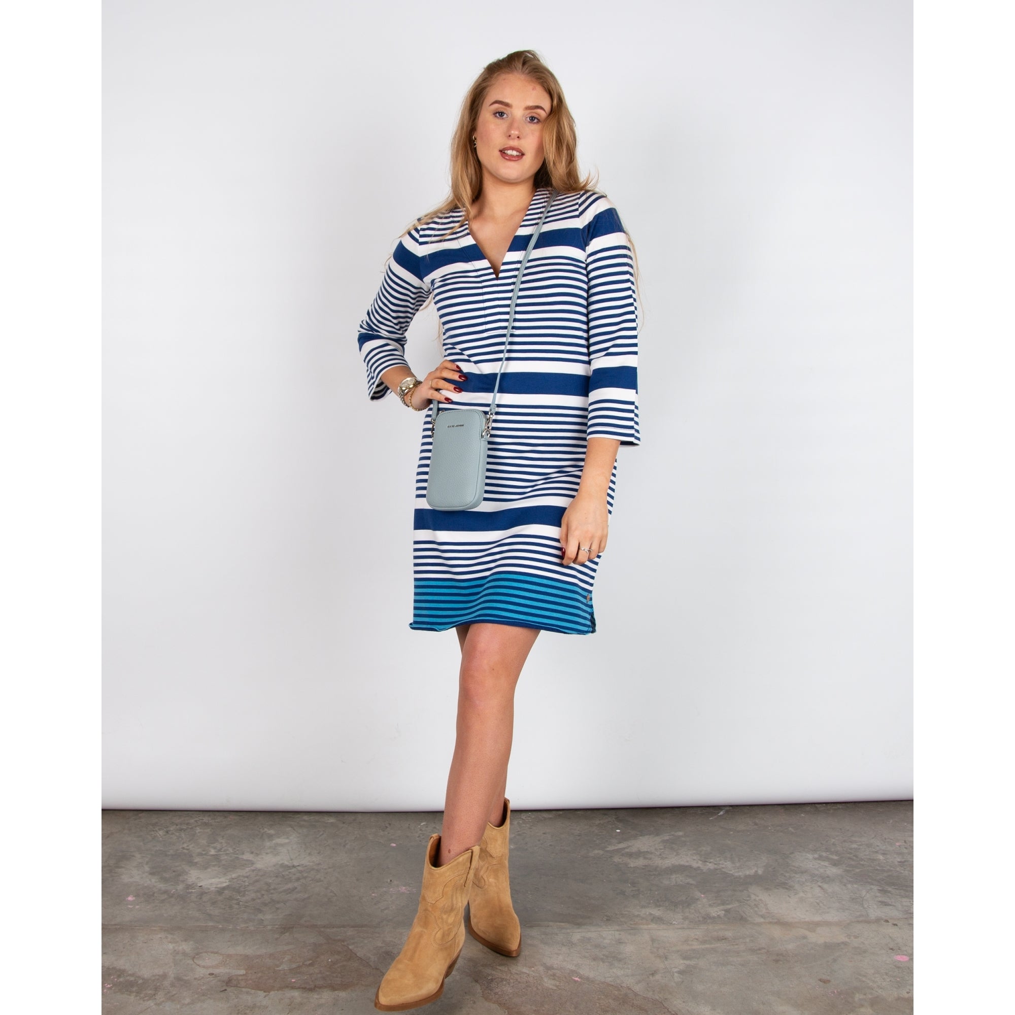 Hatley Ashley V Neck Stripe Cotton Stretch Dress Blue Quartz Stripes