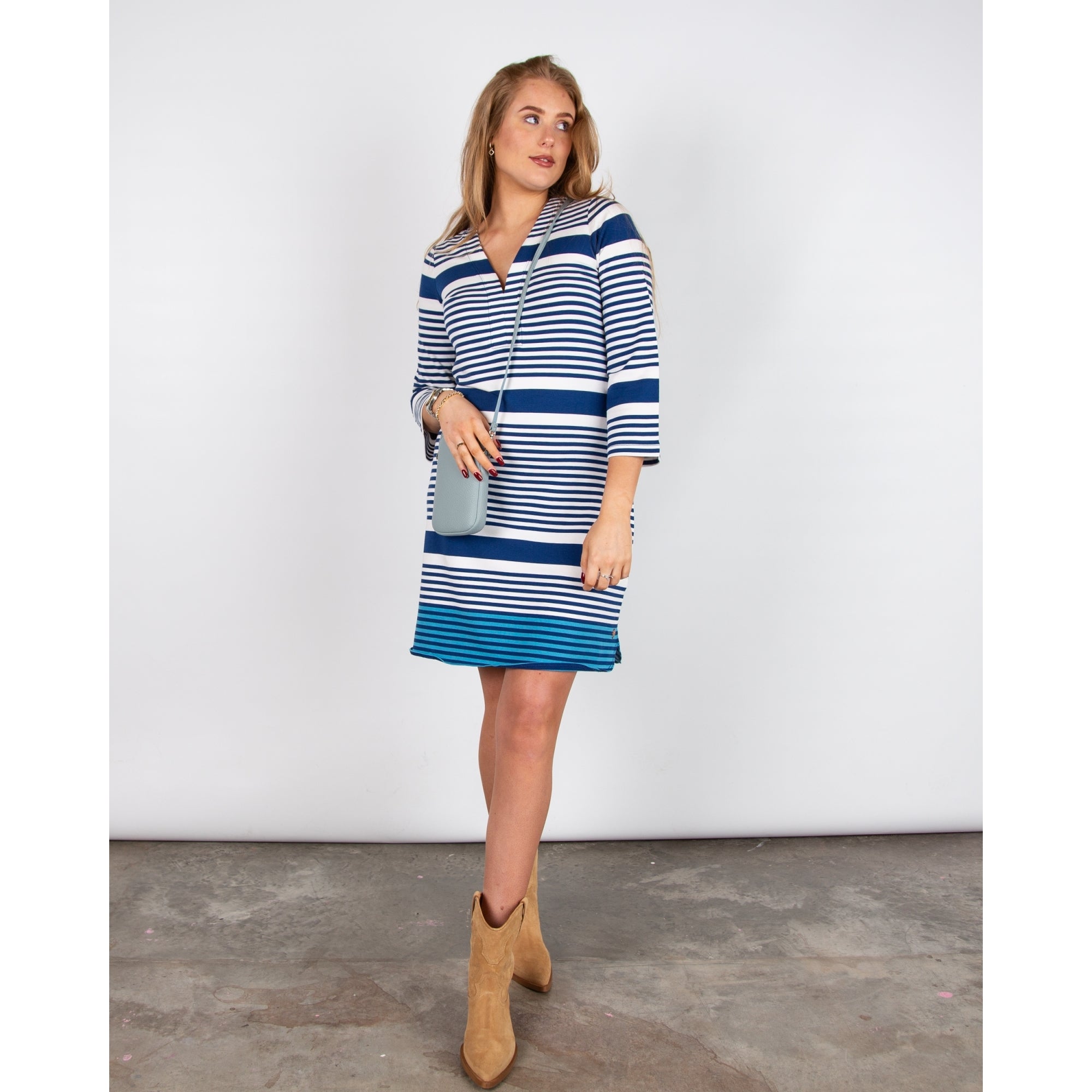 Hatley Ashley V Neck Stripe Cotton Stretch Dress Blue Quartz Stripes