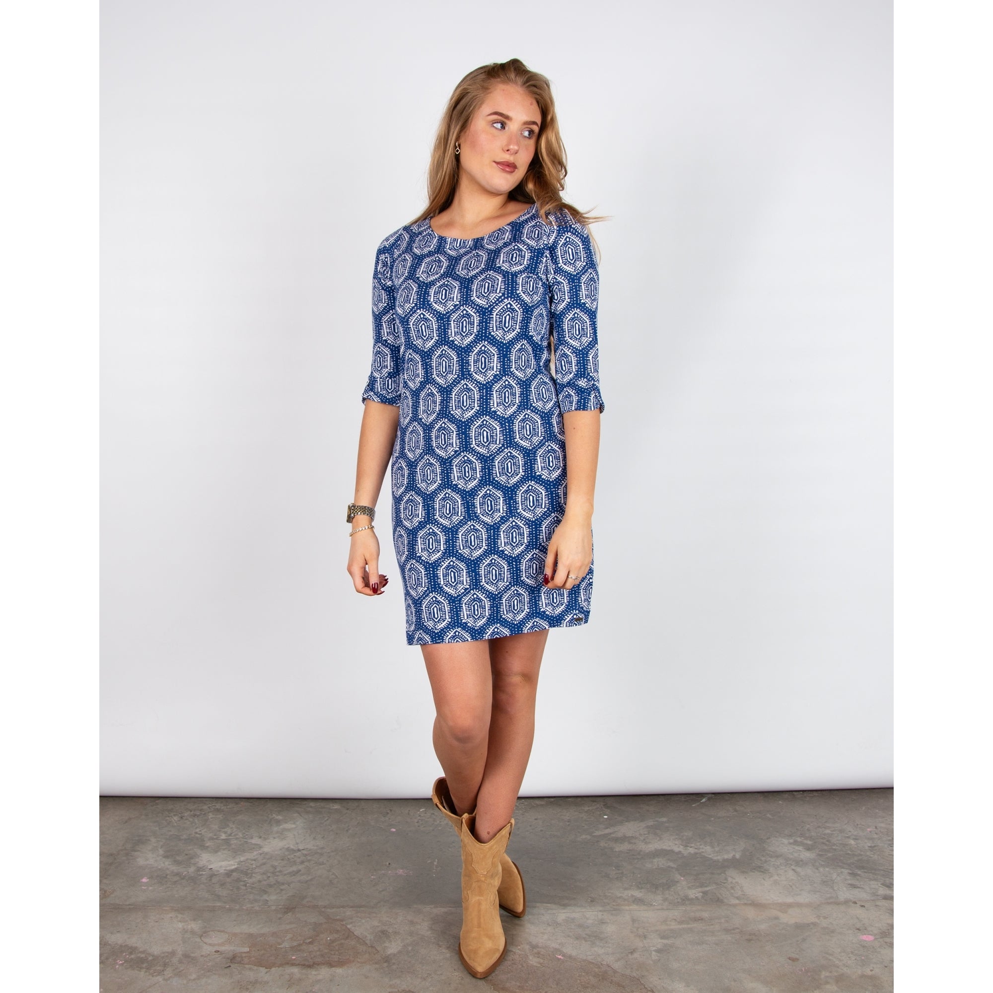 Hatley Lucy 3/4 Sleeve Round Neck Diamond Patterned Dress Geo Batik