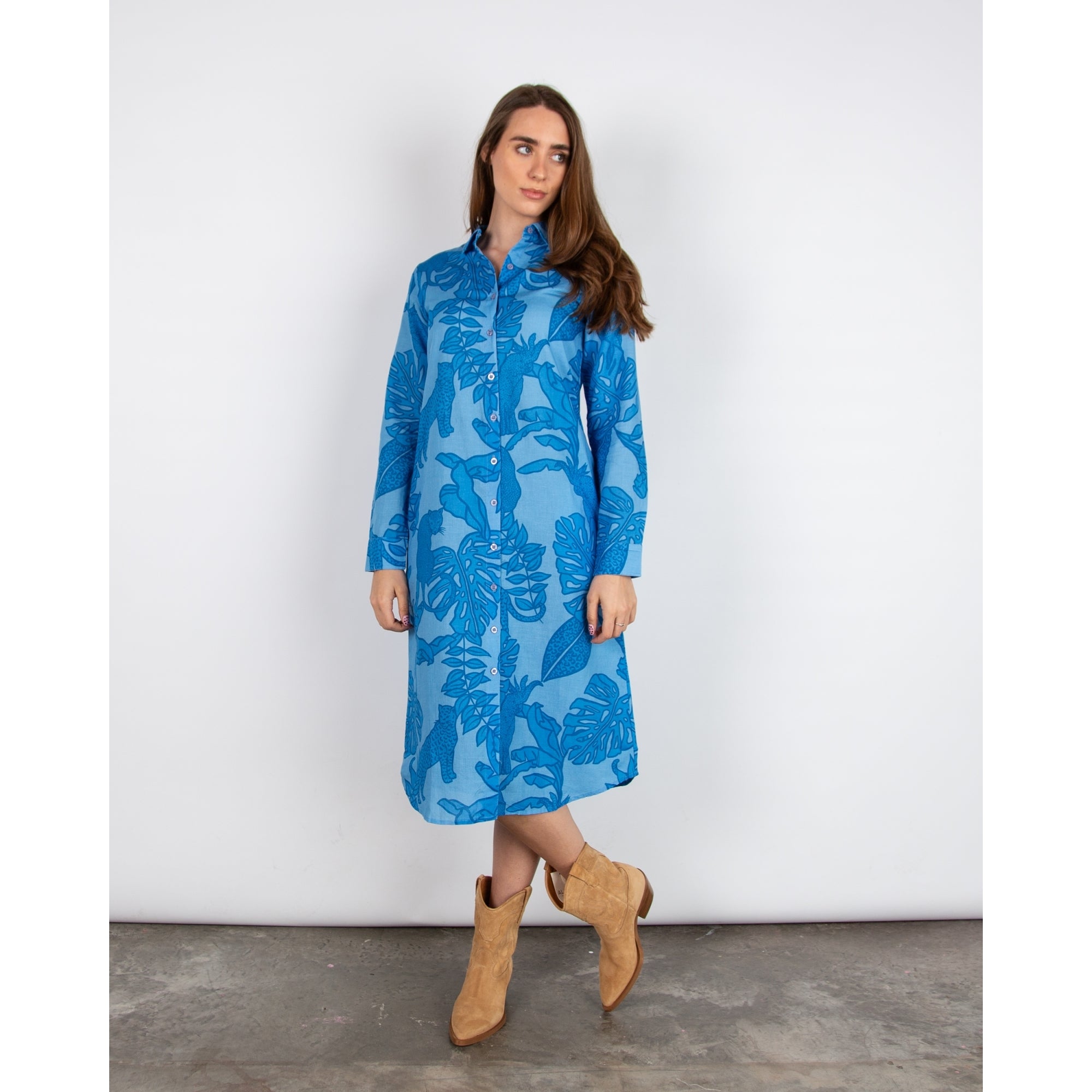 Las Surenas Leopard Leaf Print Cotton and Linen Shirt Dress Azure Blue