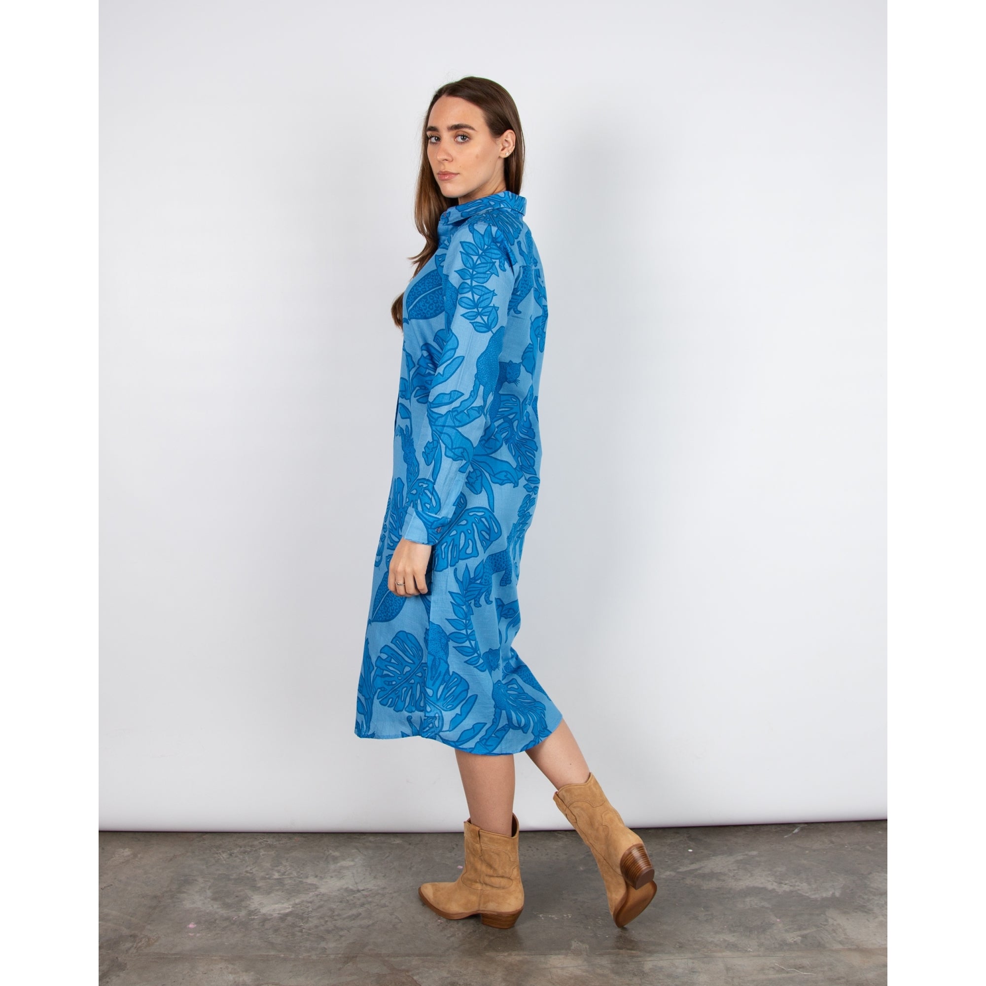 Las Surenas Leopard Leaf Print Cotton and Linen Shirt Dress Azure Blue