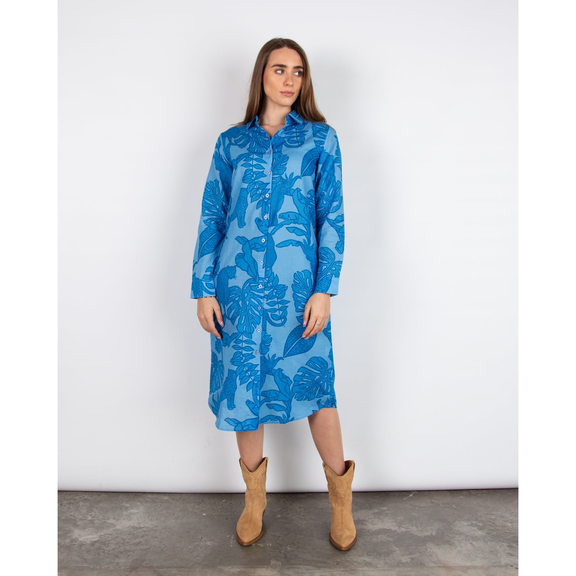Las Surenas Leopard Leaf Print Cotton and Linen Shirt Dress Azure Blue
