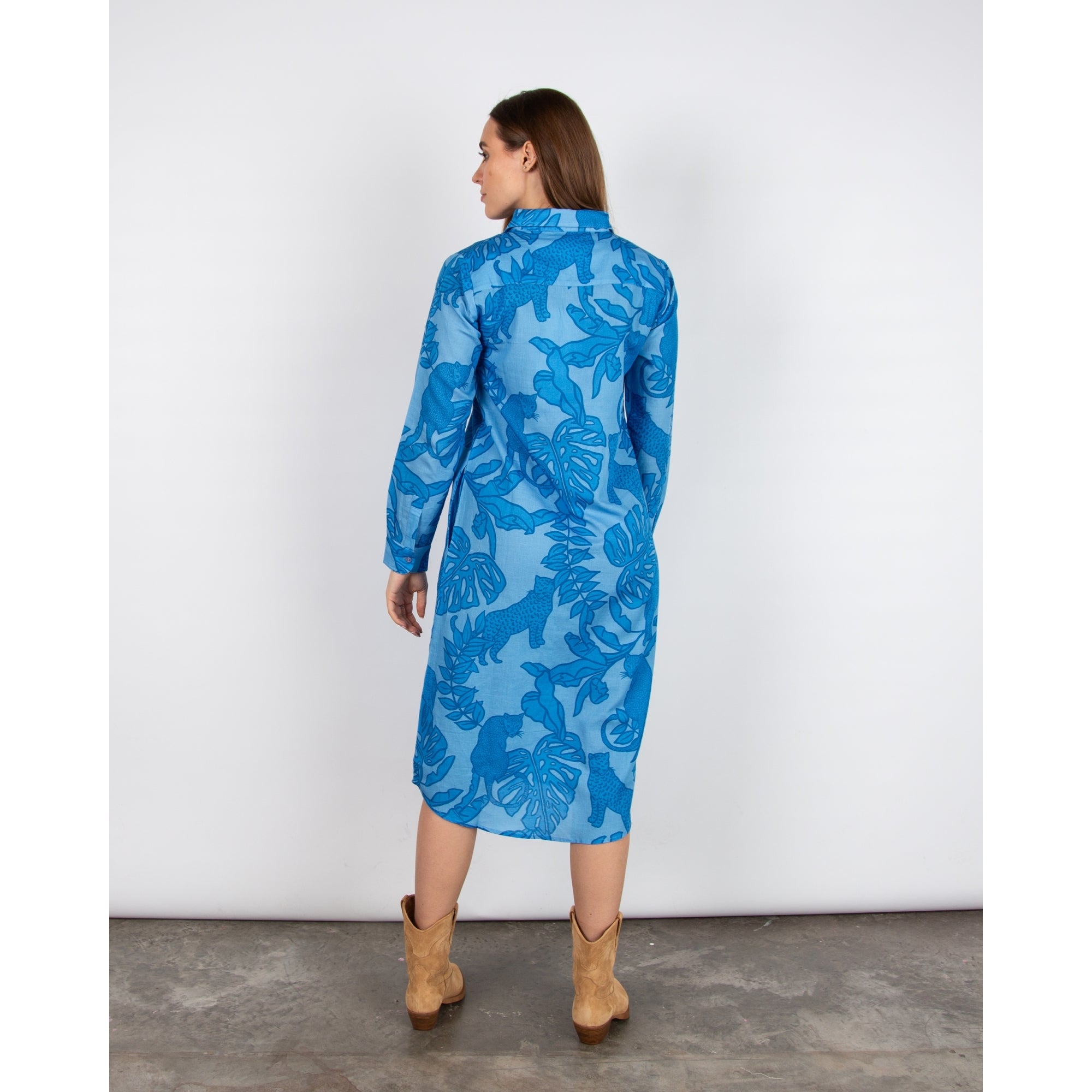 Las Surenas Leopard Leaf Print Cotton and Linen Shirt Dress Azure Blue