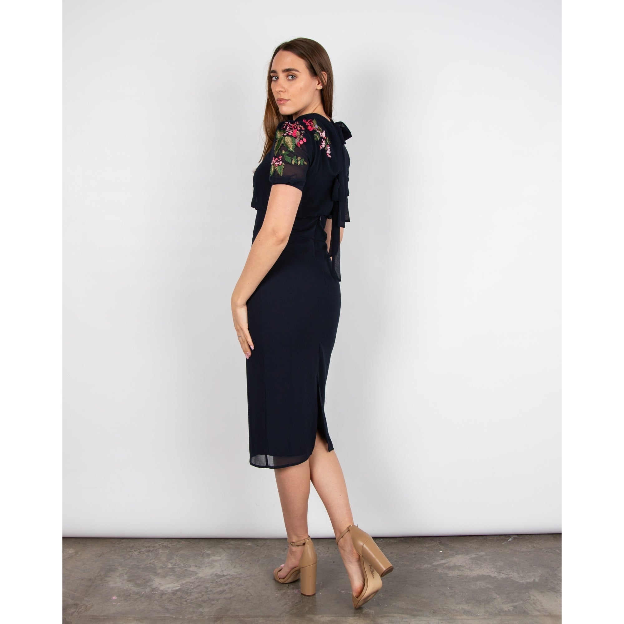 Hope And Ivy Ciara Blouson Pencil Dress With Embellishment Navy