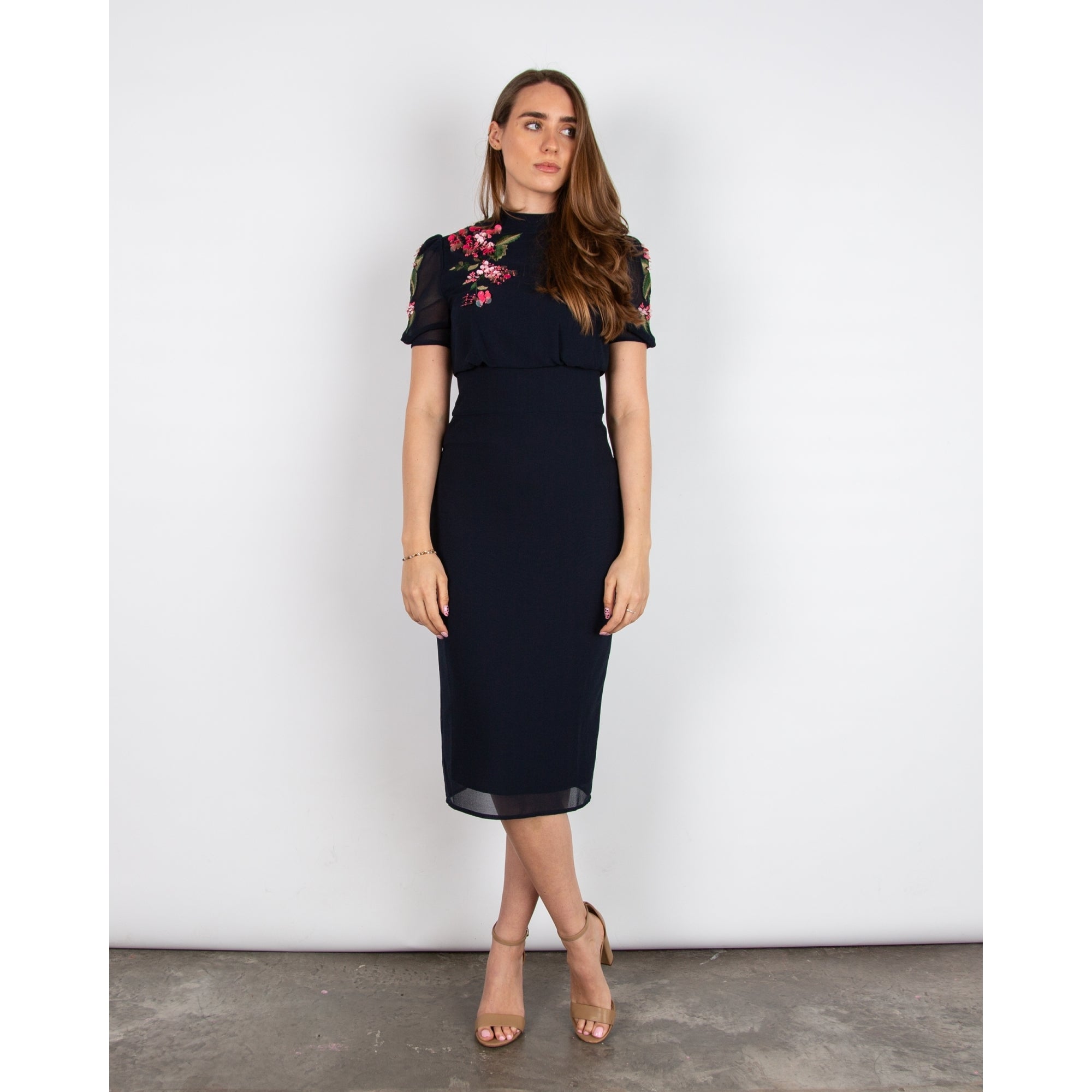 Hope And Ivy Ciara Blouson Pencil Dress With Embellishment Navy