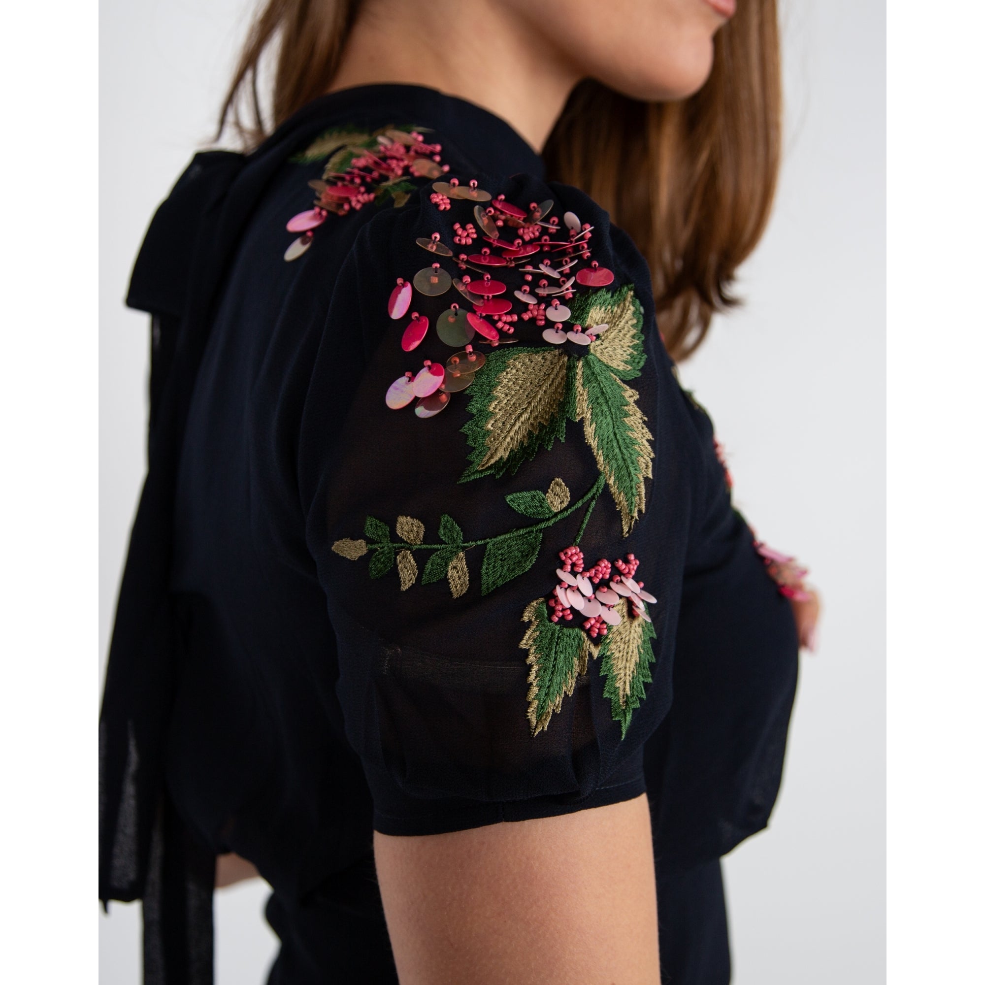 Hope And Ivy Ciara Blouson Pencil Dress With Embellishment Navy