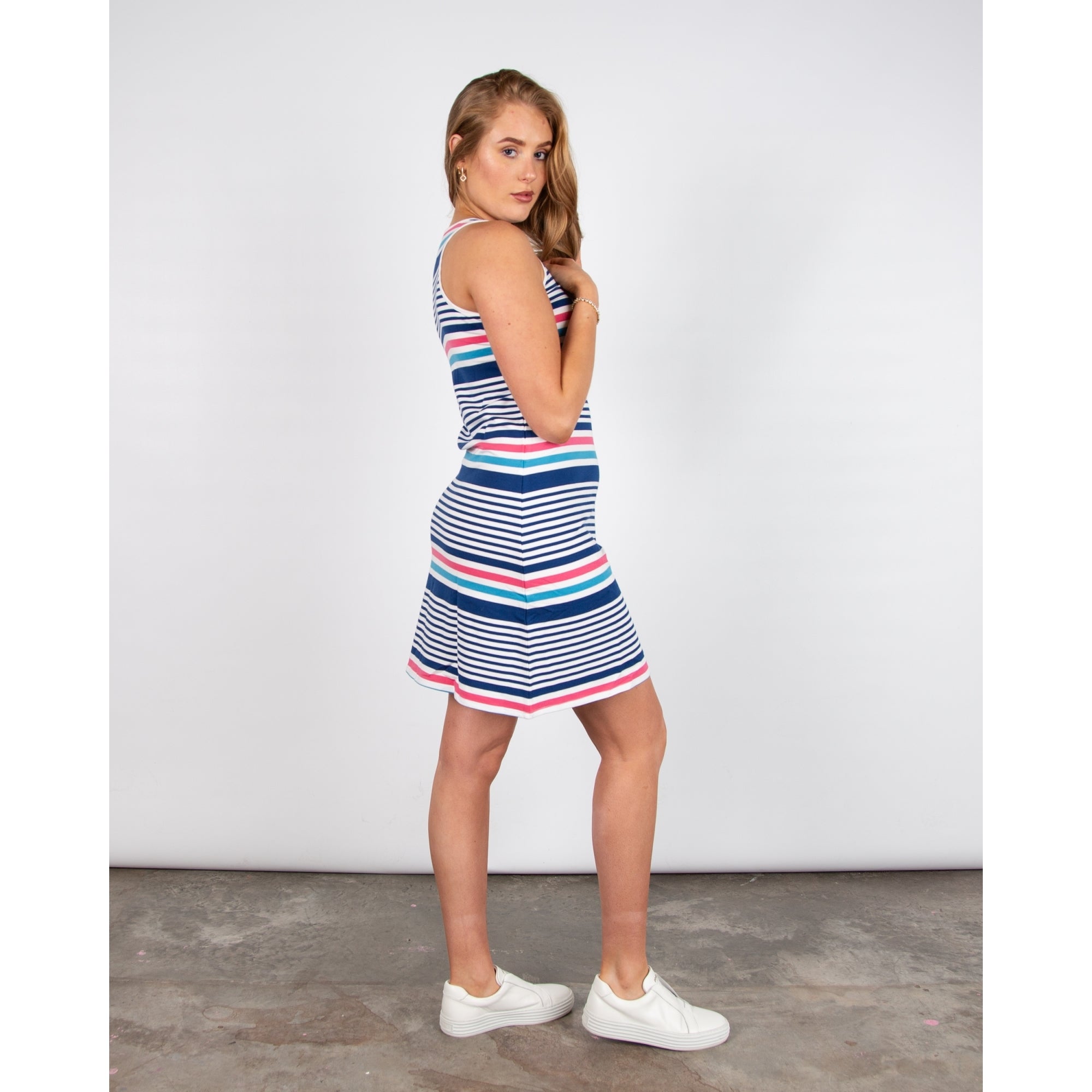 Hatley Bella Stripe A Line Halter Neck Stretch Cotton Dress Summer Quartz Stripes