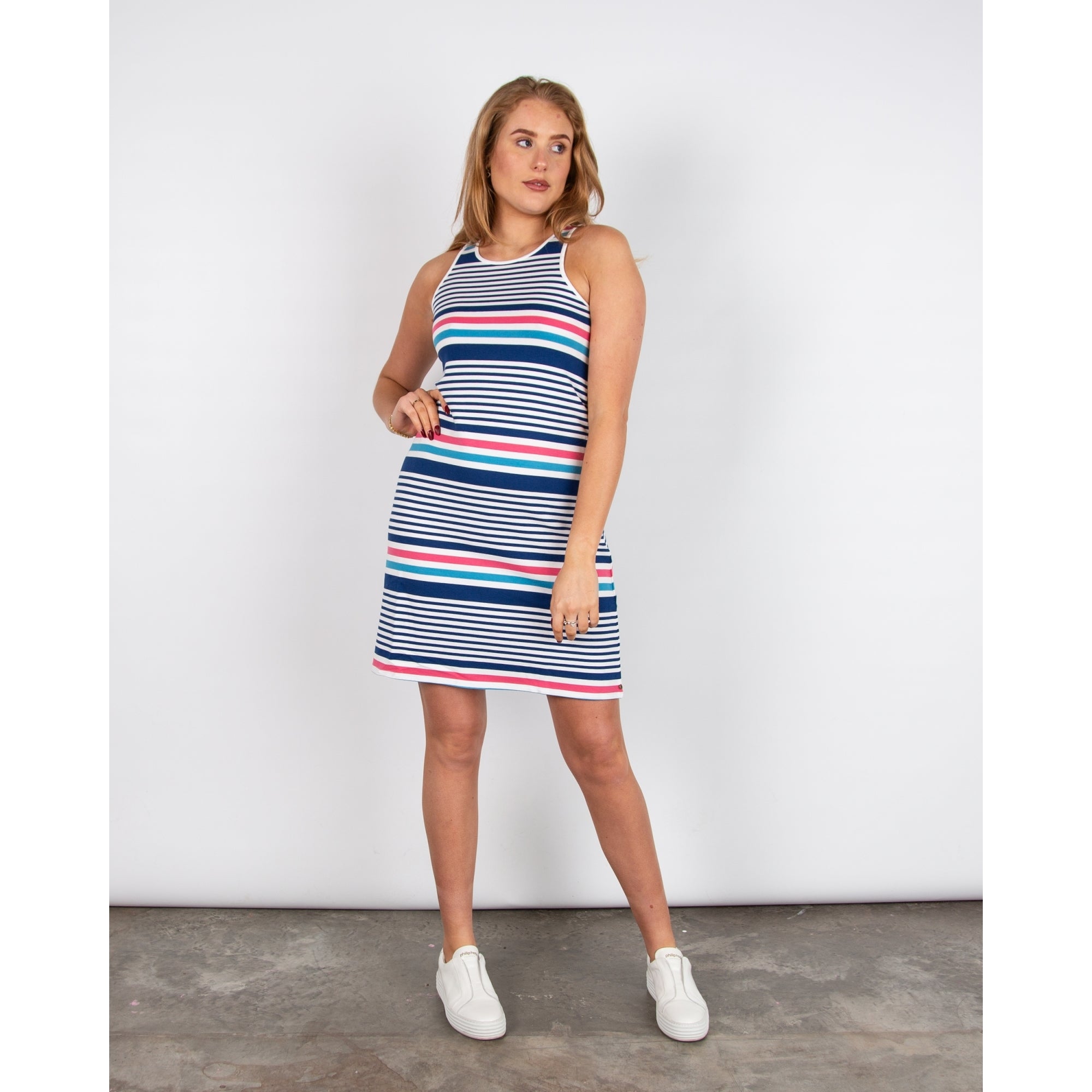Hatley Bella Stripe A Line Halter Neck Stretch Cotton Dress Summer Quartz Stripes