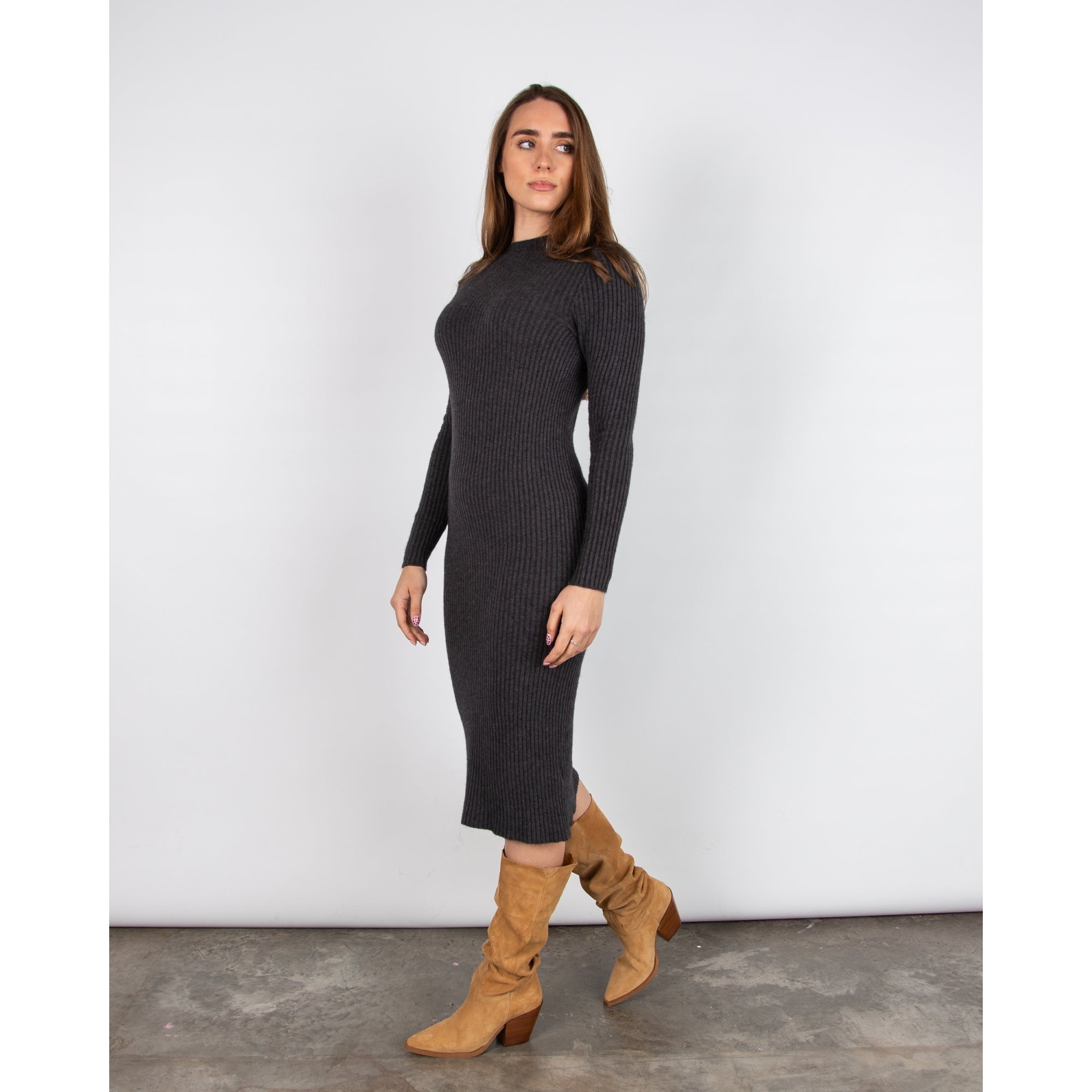 Amazing Woman Paola Crew Neck Neck Rib Fitted Midi Dress Charcoal 024