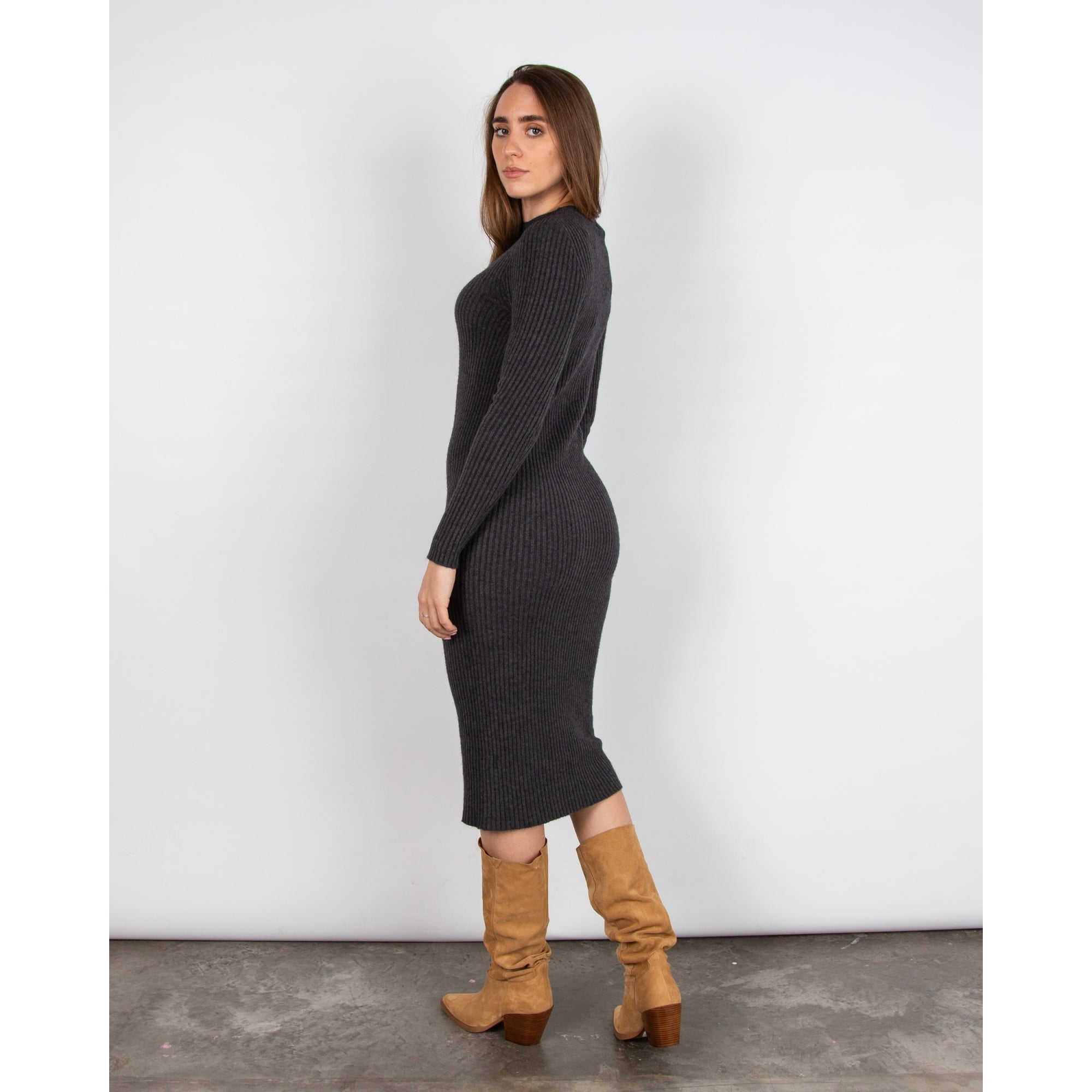 Amazing Woman Paola Crew Neck Neck Rib Fitted Midi Dress Charcoal 024