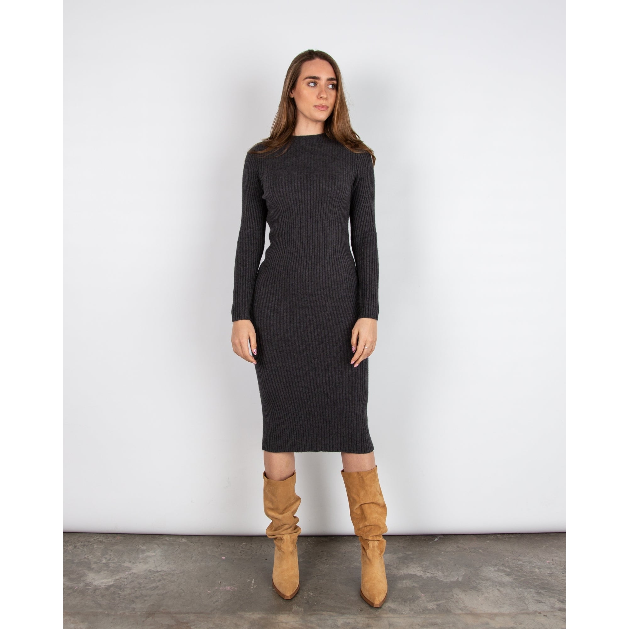 Amazing Woman Paola Crew Neck Neck Rib Fitted Midi Dress Charcoal 024