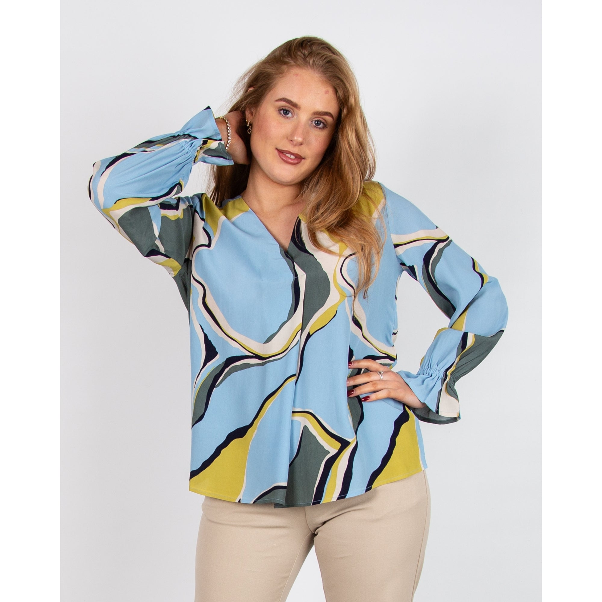 Masai Dahlia V Neck Pleat Front Marble Print Blouse Blue/sage