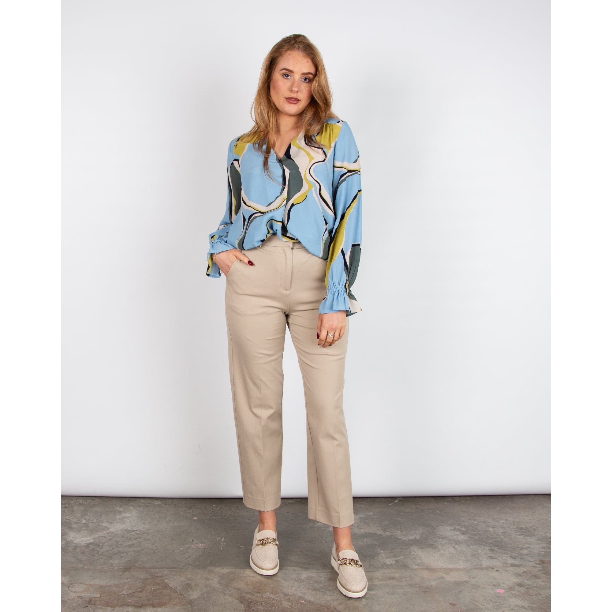 Masai Dahlia V Neck Pleat Front Marble Print Blouse Blue/sage