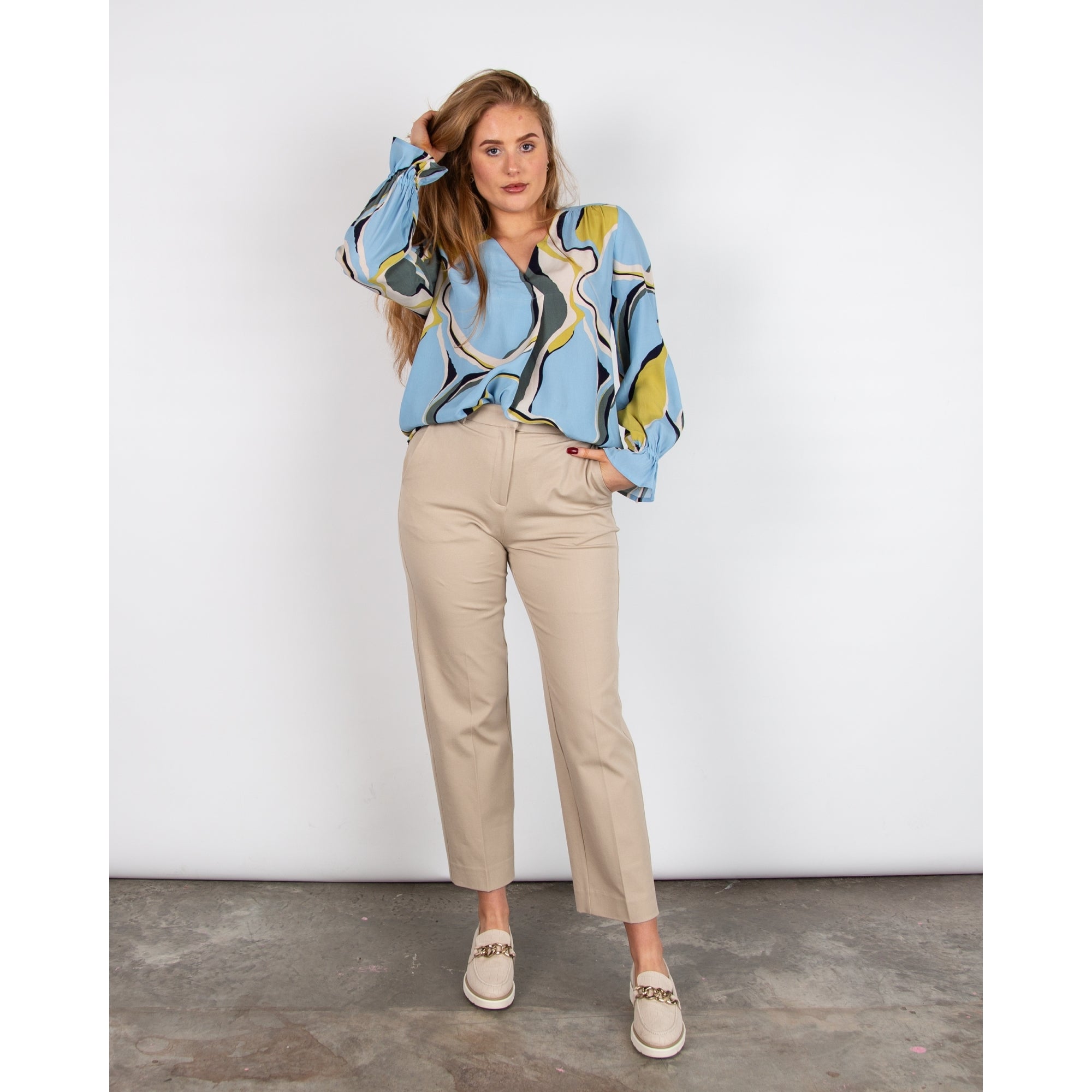 Masai Dahlia V Neck Pleat Front Marble Print Blouse Blue/sage