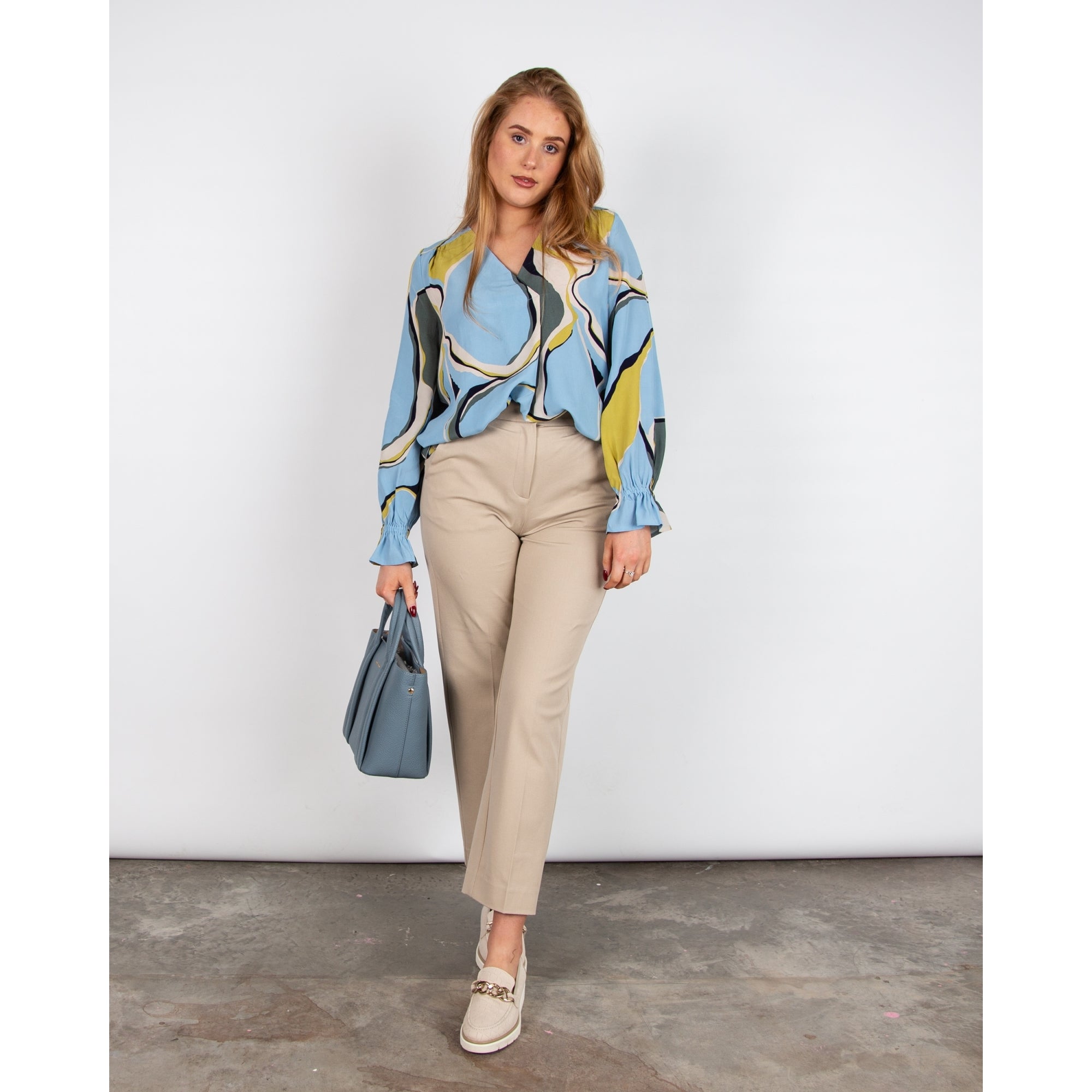 Masai Dahlia V Neck Pleat Front Marble Print Blouse Blue/sage