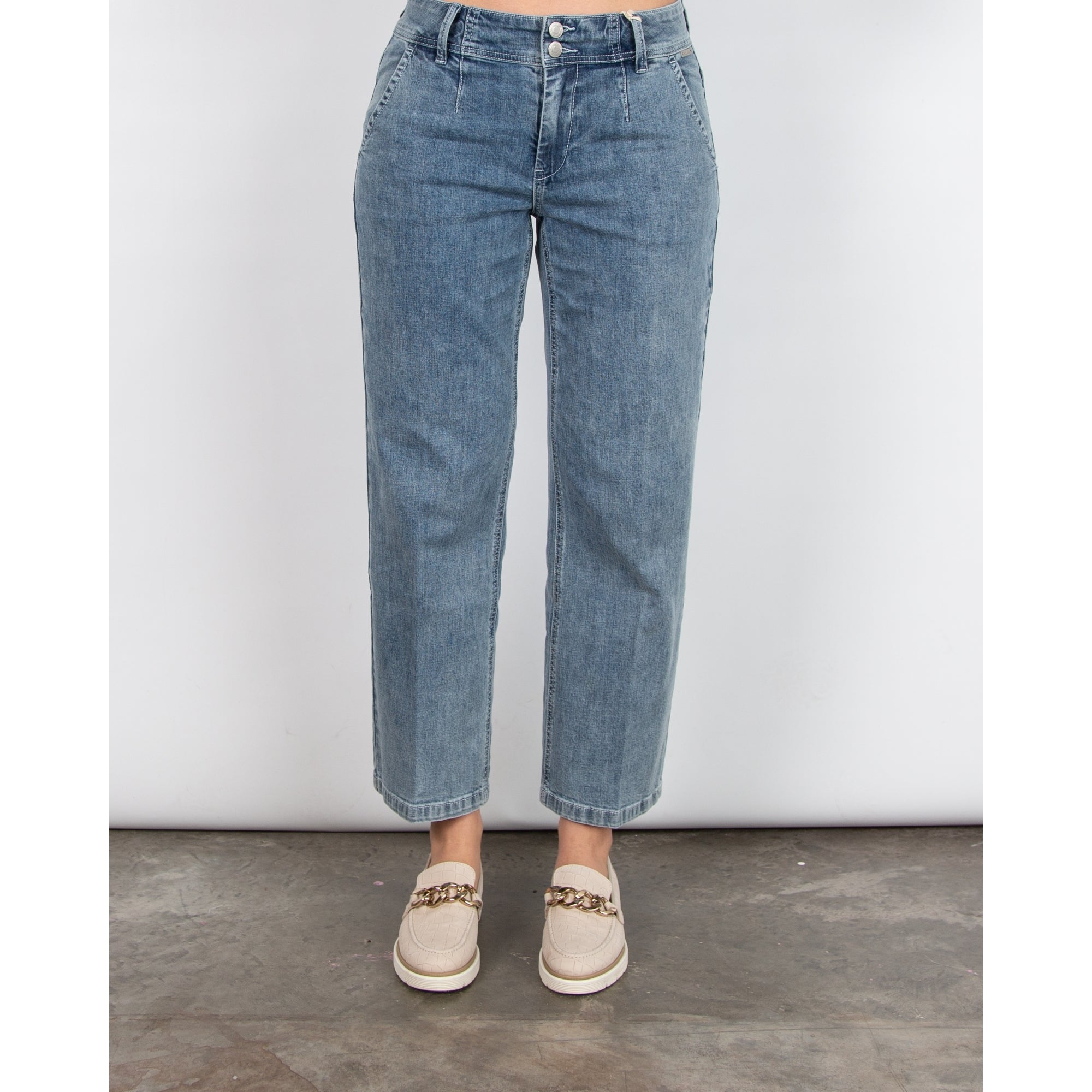 Red Button Cropped Wide Leg Denim Jean Bleach Denim