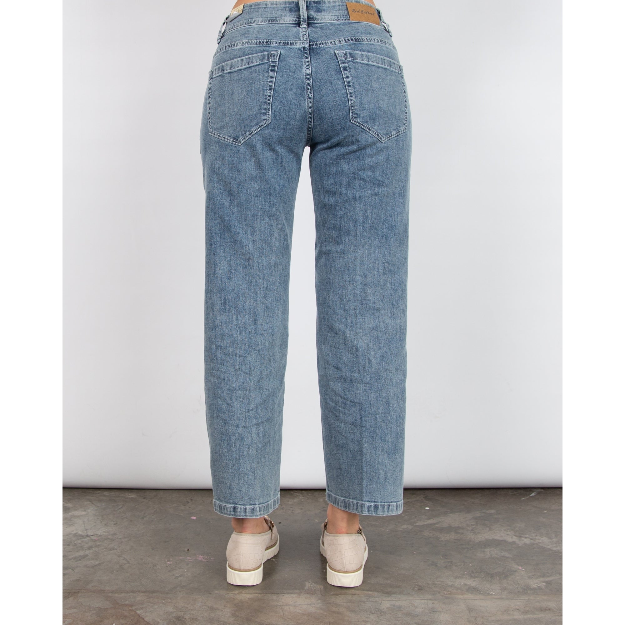 Red Button Cropped Wide Leg Denim Jean Bleach Denim