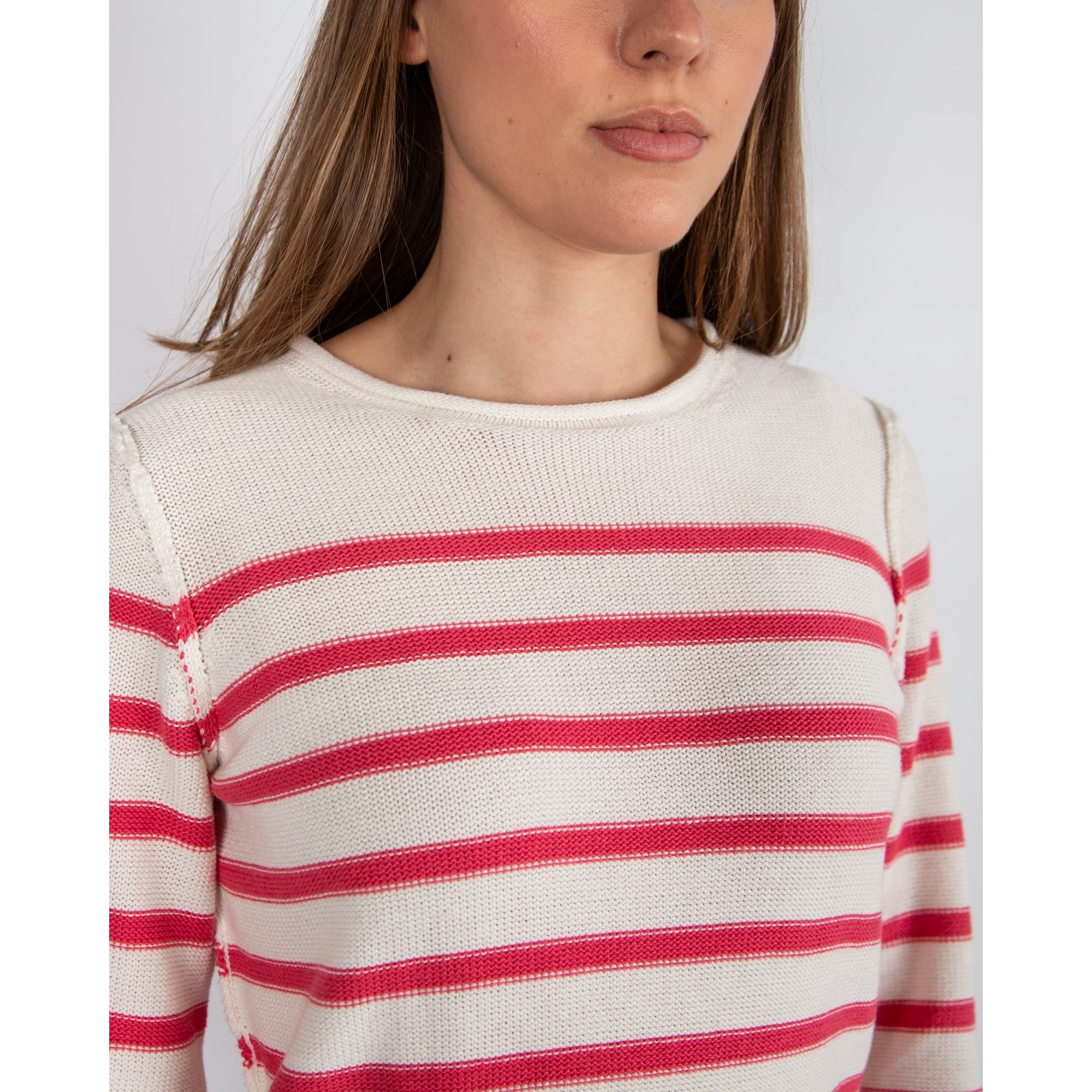 Part Two Eivor Stripe Round Neck Waffle Knit Jumper White/fuchsia