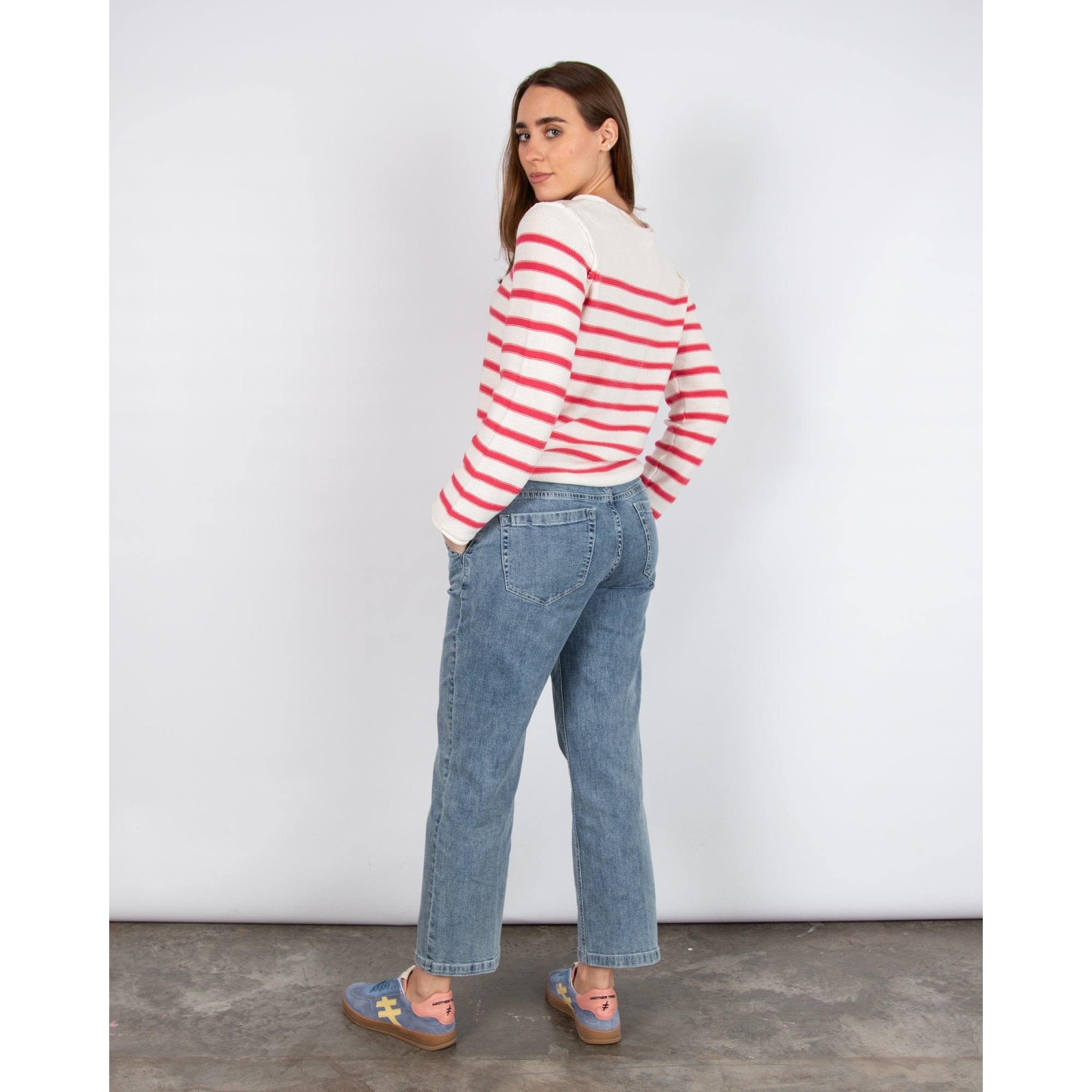Part Two Eivor Stripe Round Neck Waffle Knit Jumper White/fuchsia
