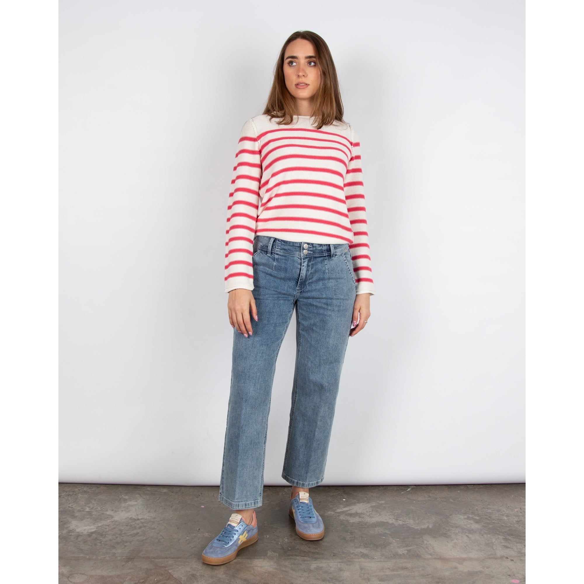 Part Two Eivor Stripe Round Neck Waffle Knit Jumper White/fuchsia