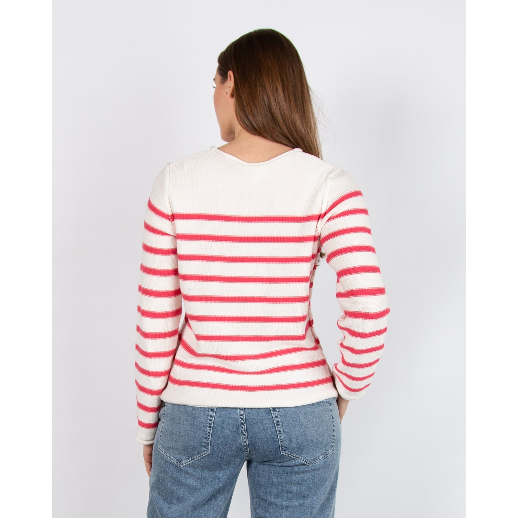 Part Two Eivor Stripe Round Neck Waffle Knit Jumper White/fuchsia