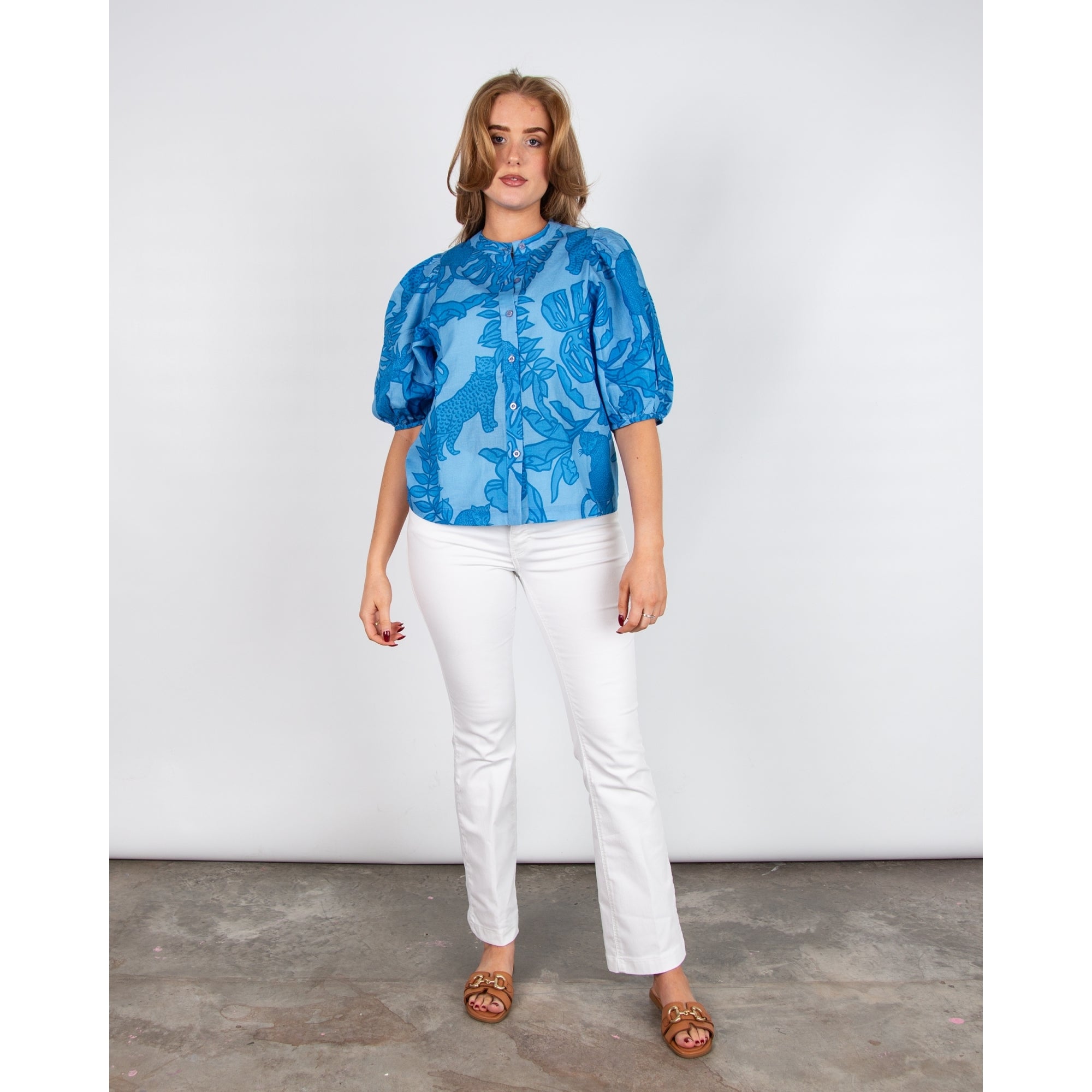 Las Surenas Balloon Sleeve Collarless Leopard Leaf Print Blouse Azure Blue