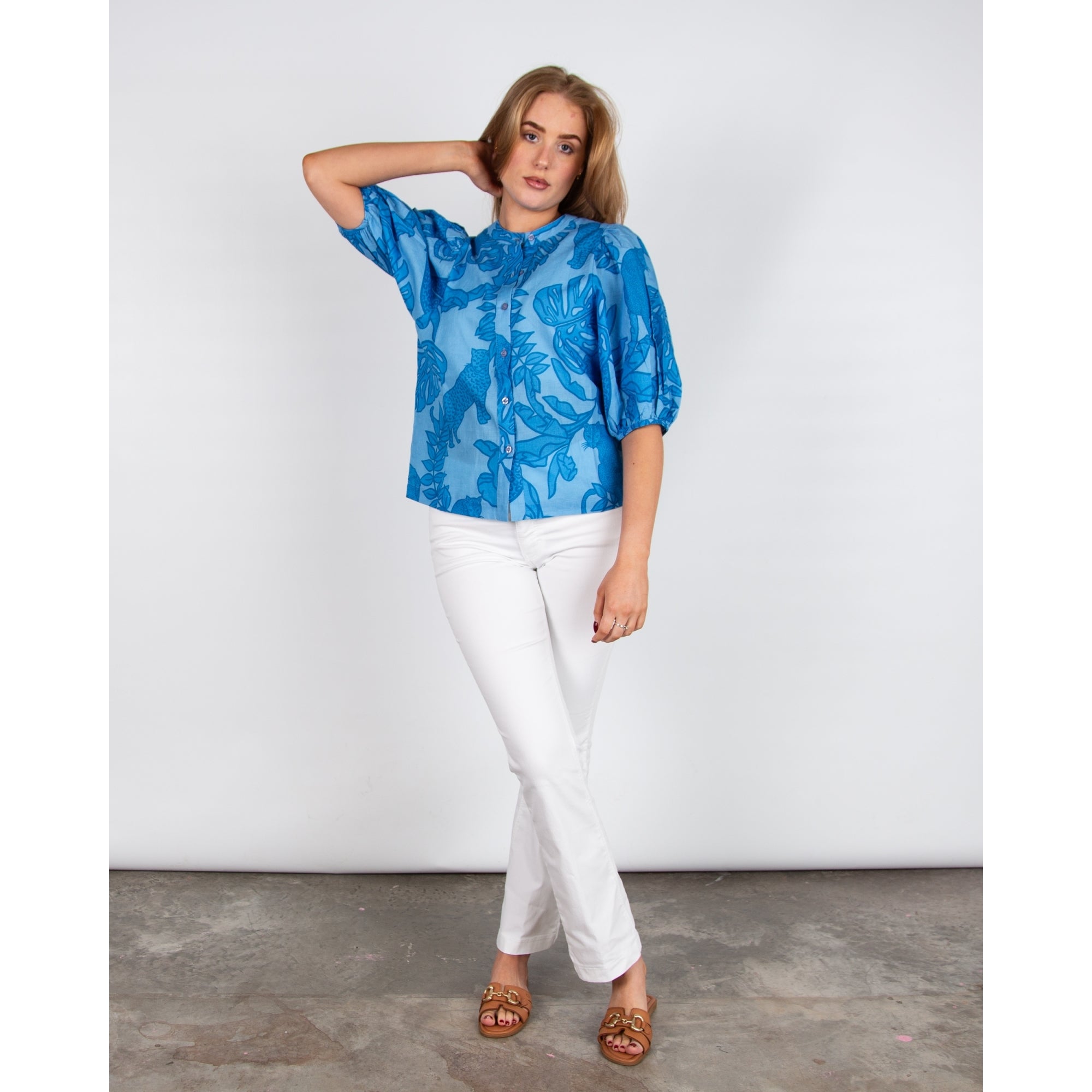 Las Surenas Balloon Sleeve Collarless Leopard Leaf Print Blouse Azure Blue