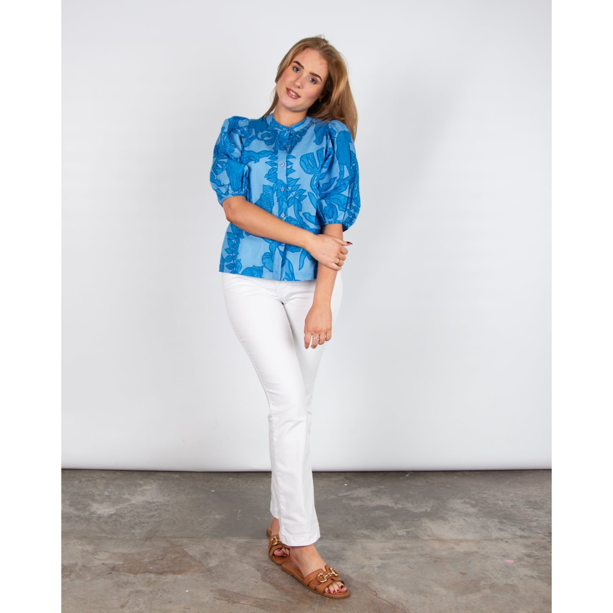 Las Surenas Balloon Sleeve Collarless Leopard Leaf Print Blouse Azure Blue