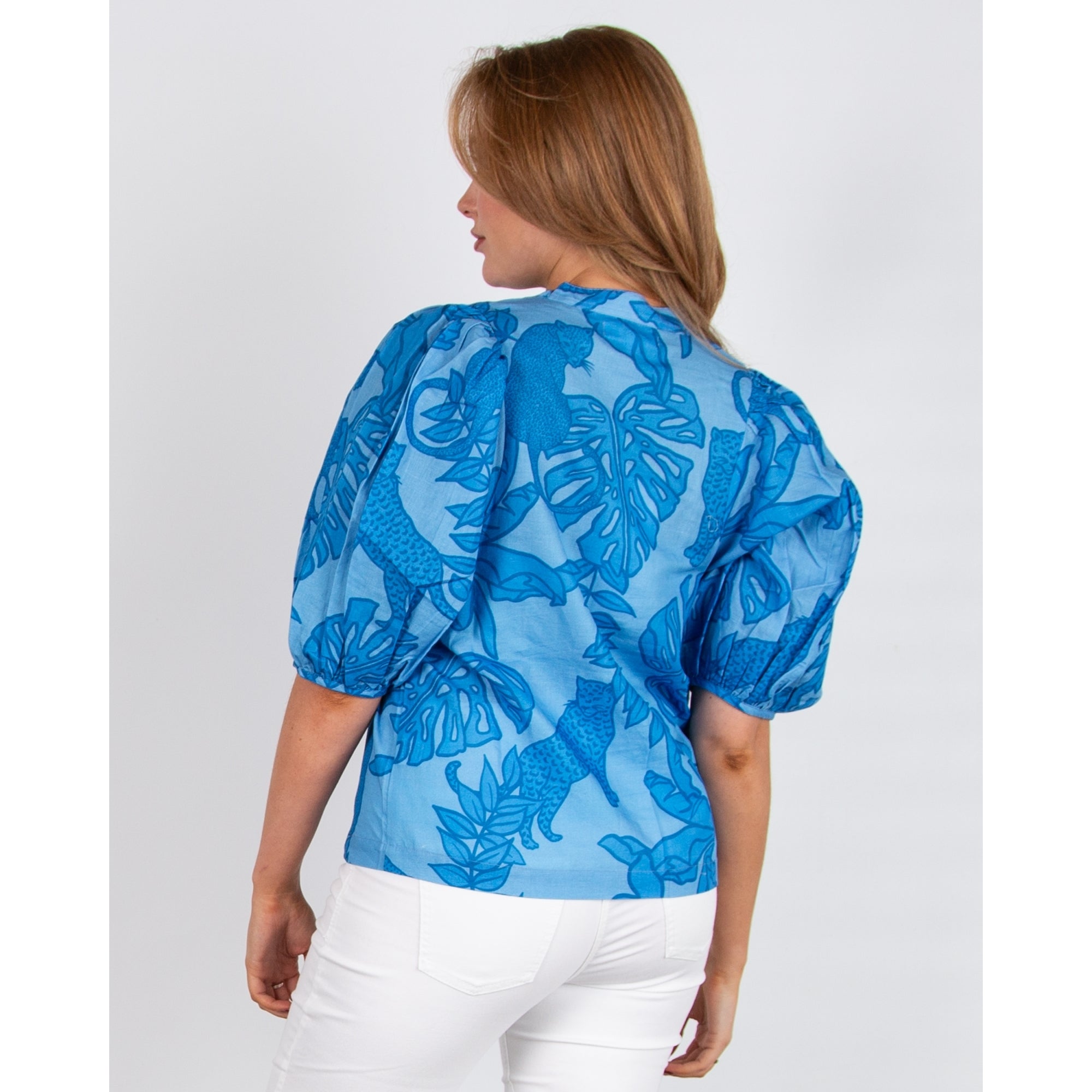 Las Surenas Balloon Sleeve Collarless Leopard Leaf Print Blouse Azure Blue
