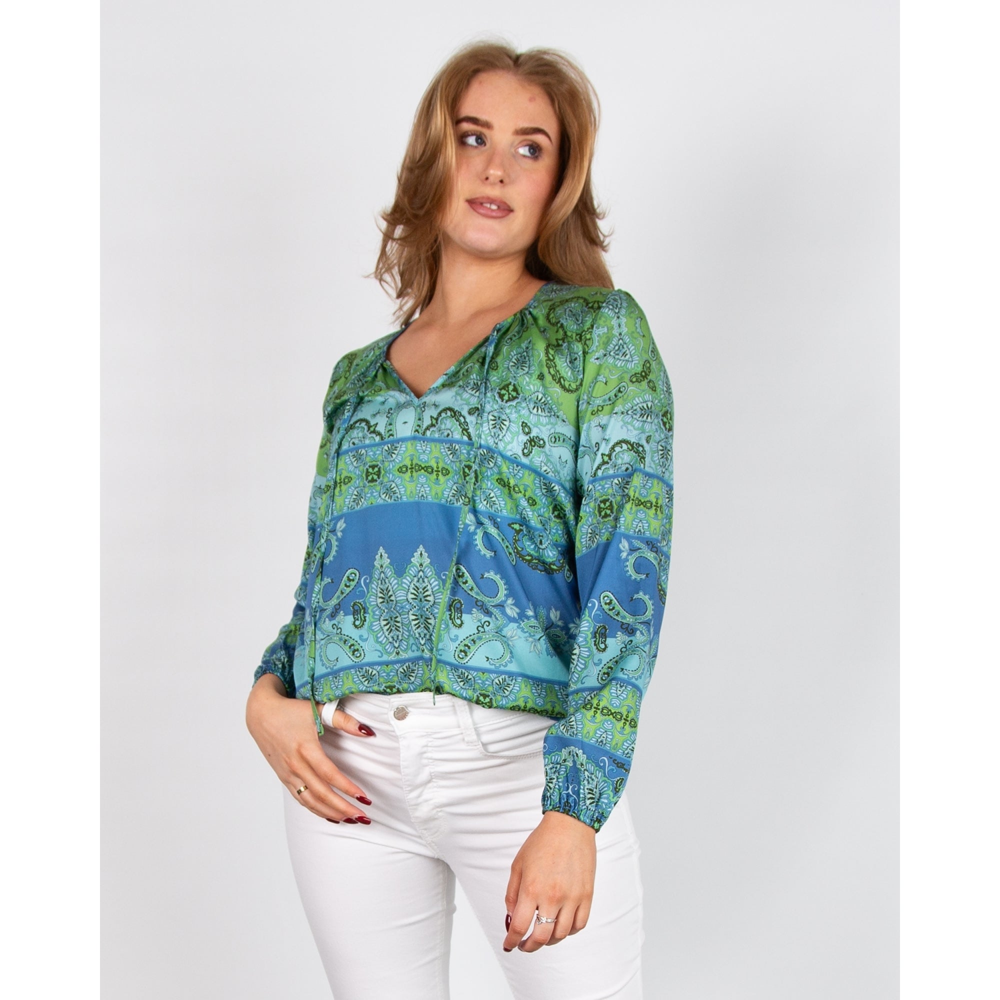 Charlotte Sparre Maddie Tie Neck Stripe Paisley Twill Silk Blouse Green/blue