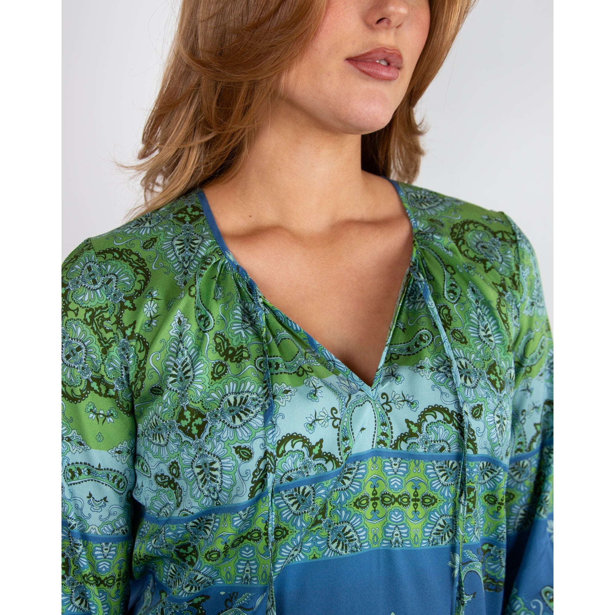Charlotte Sparre Maddie Tie Neck Stripe Paisley Twill Silk Blouse Green/blue