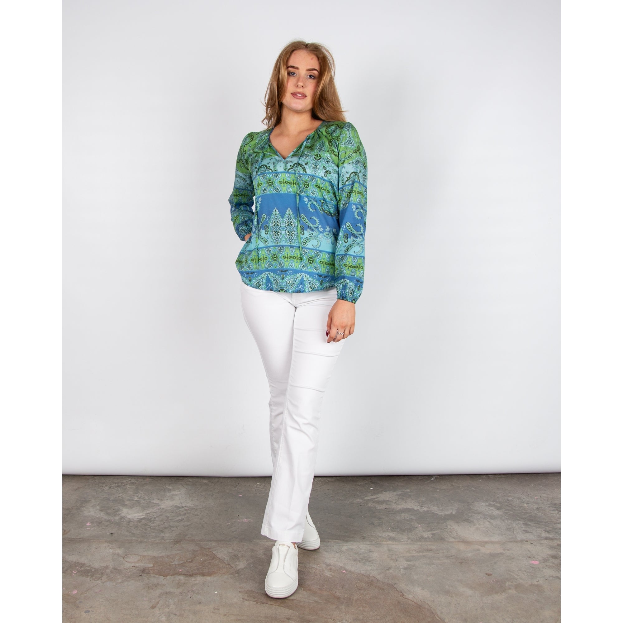 Charlotte Sparre Maddie Tie Neck Stripe Paisley Twill Silk Blouse Green/blue