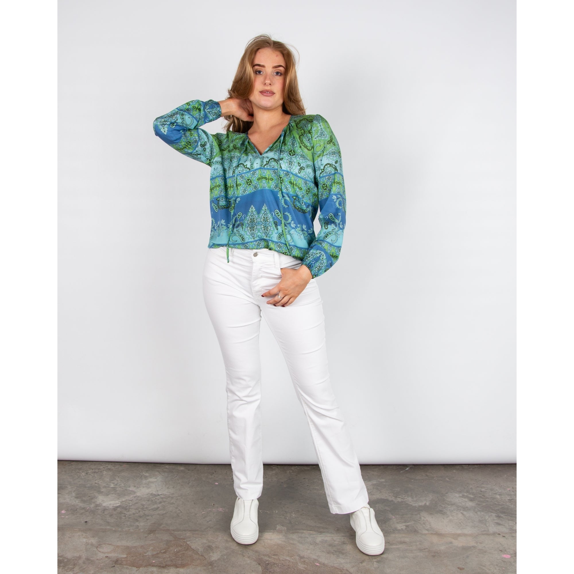 Charlotte Sparre Maddie Tie Neck Stripe Paisley Twill Silk Blouse Green/blue