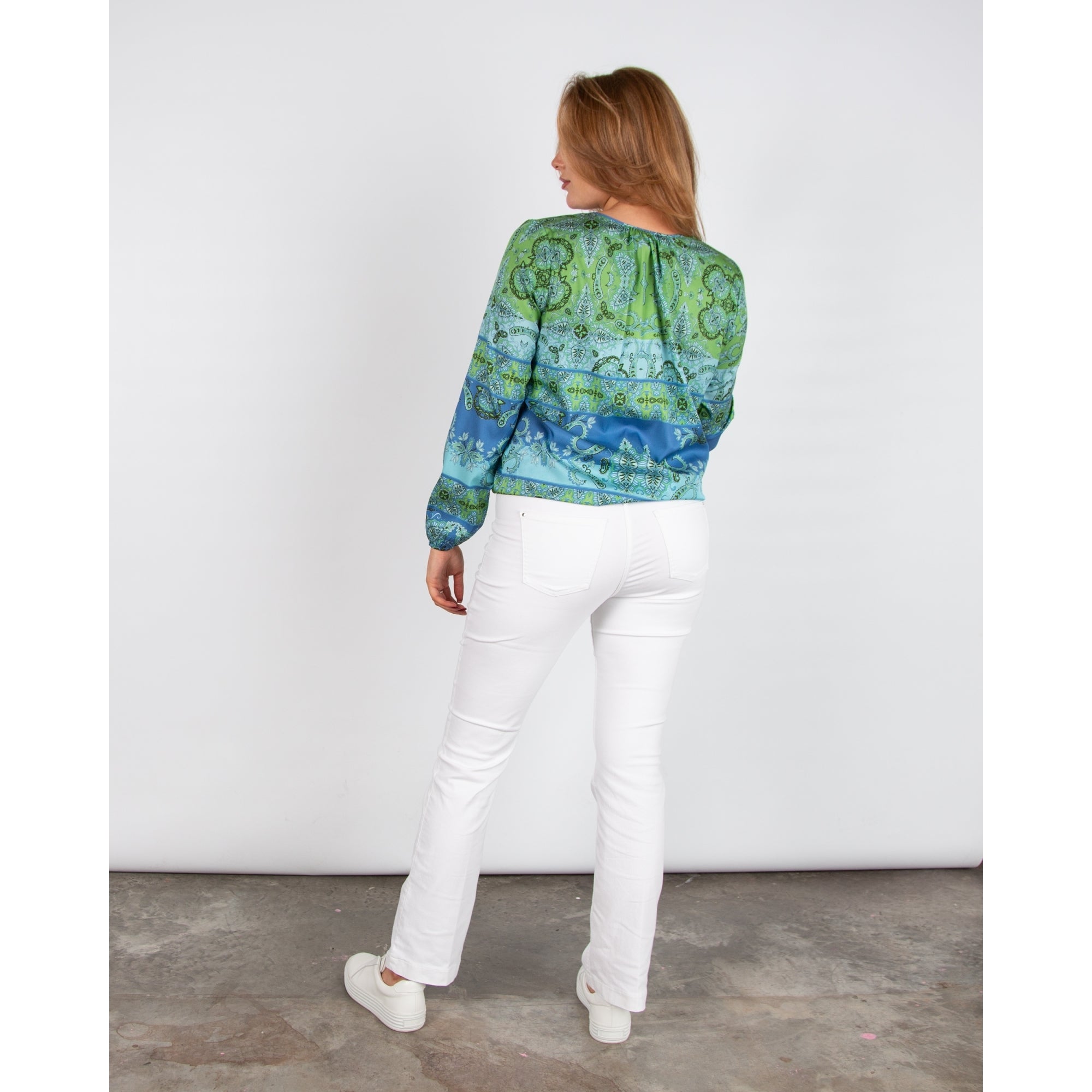 Charlotte Sparre Maddie Tie Neck Stripe Paisley Twill Silk Blouse Green/blue