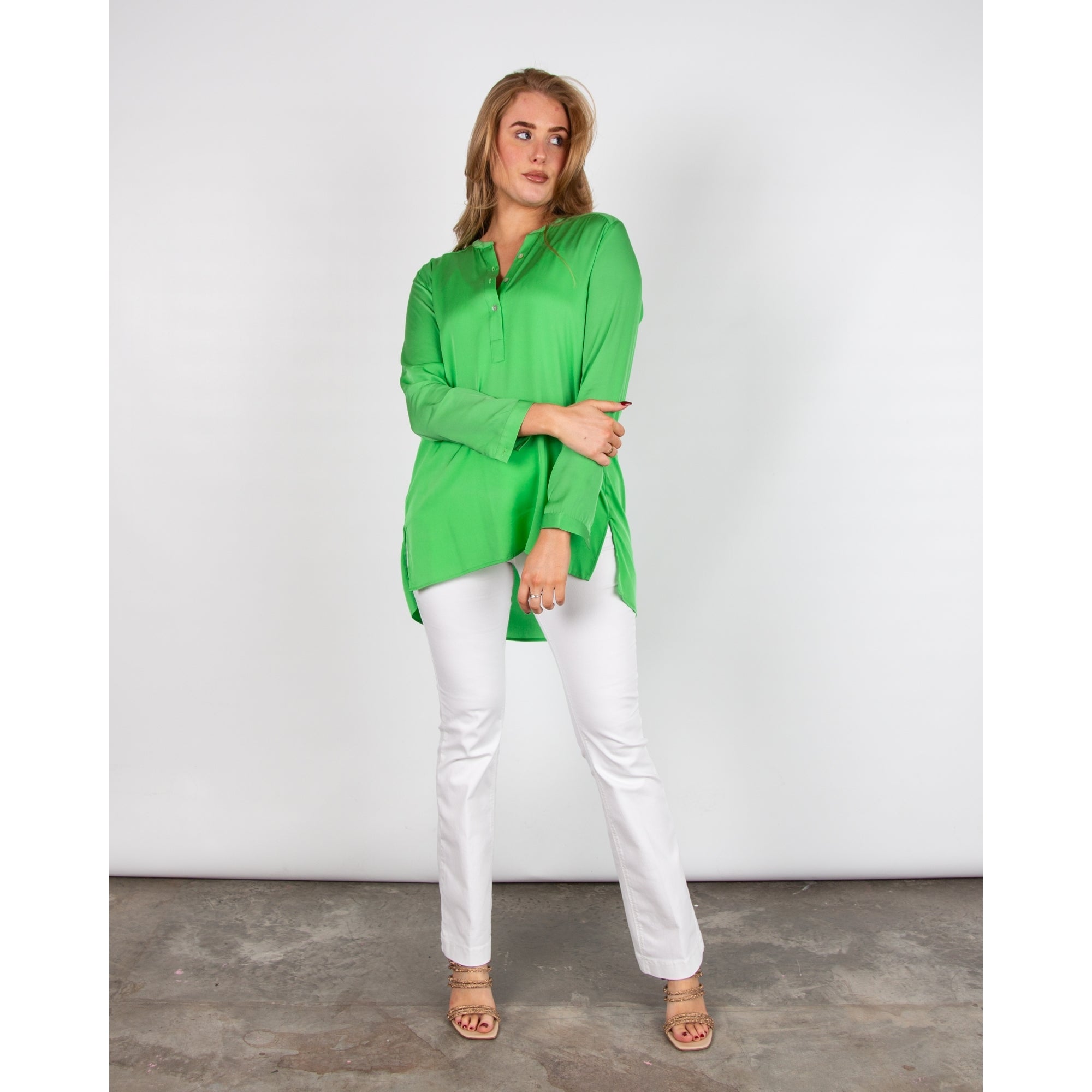 Silk95 Montenegro Nehru Collar Dip Back Silk Blouse Green