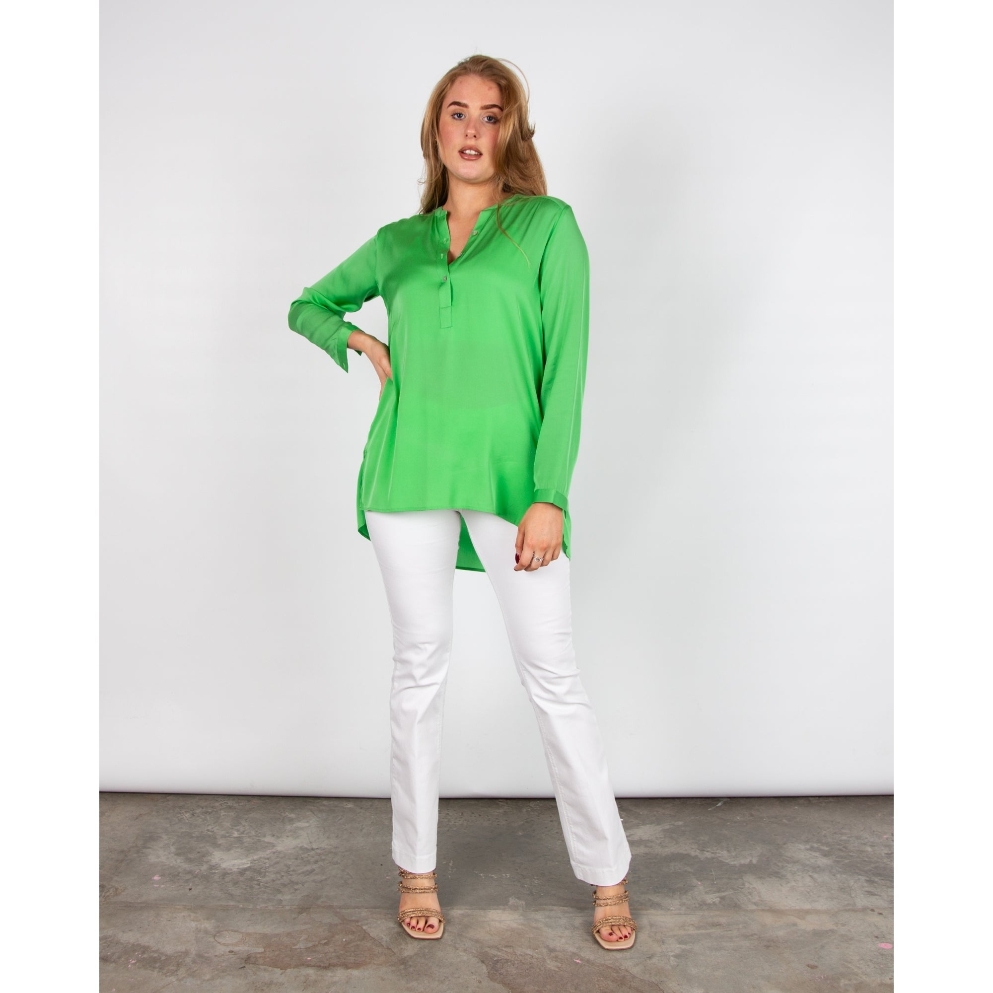 Silk95 Montenegro Nehru Collar Dip Back Silk Blouse Green