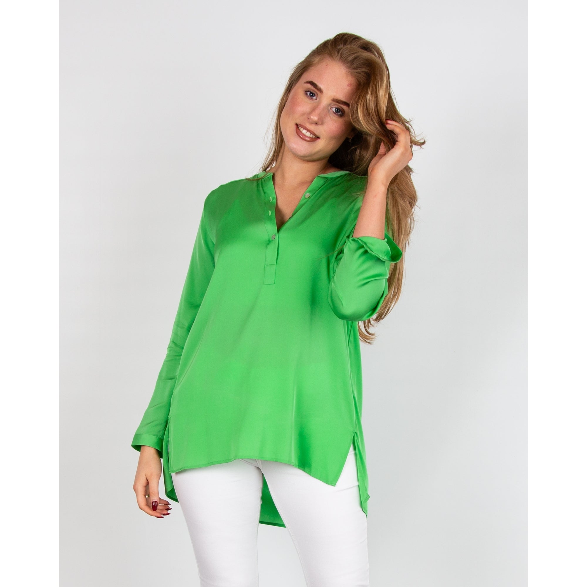 Silk95 Montenegro Nehru Collar Dip Back Silk Blouse Green