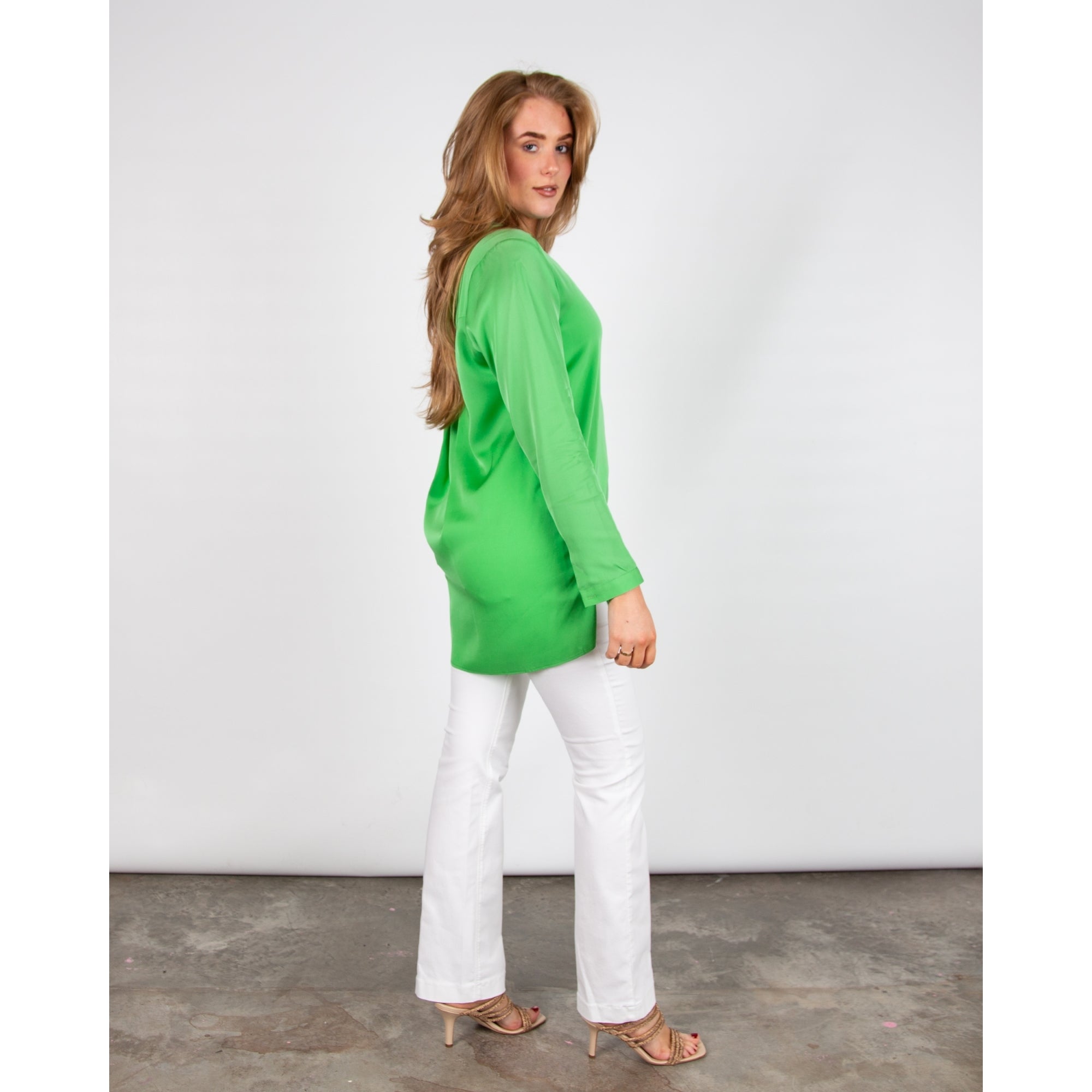 Silk95 Montenegro Nehru Collar Dip Back Silk Blouse Green