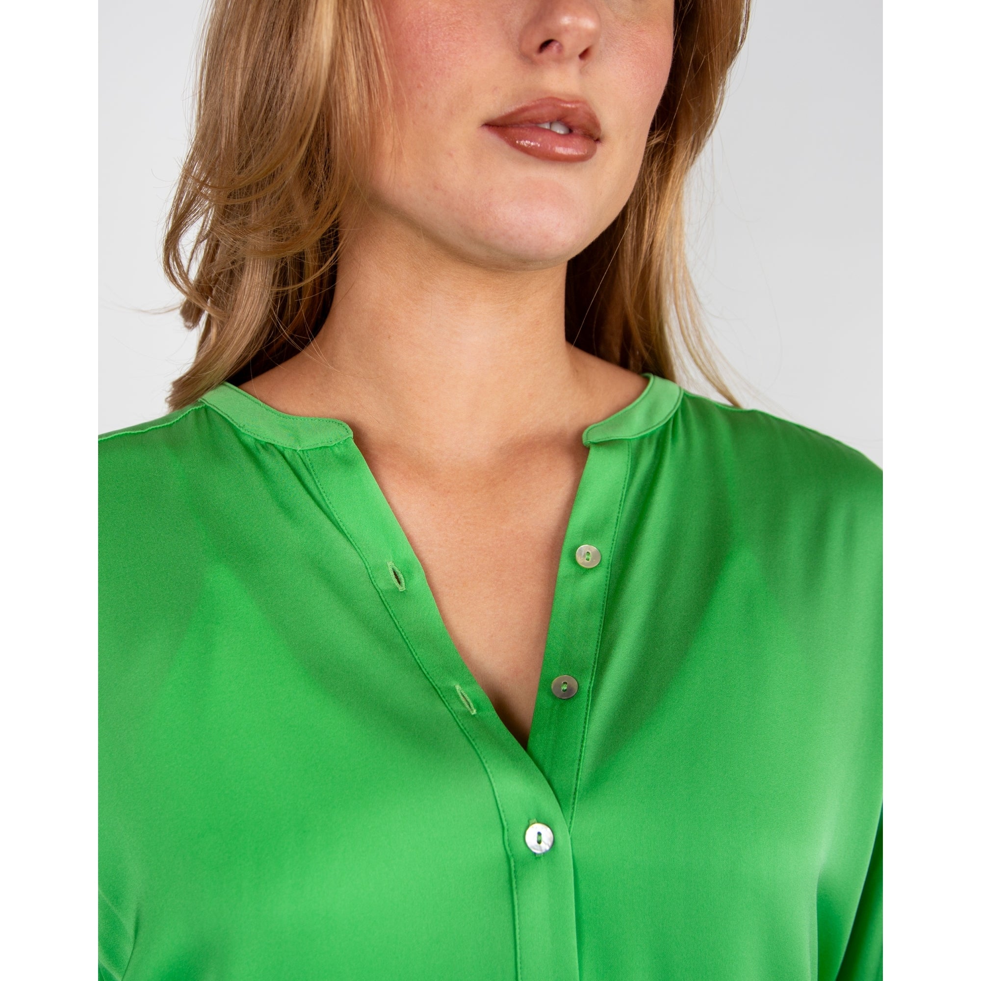 Silk95 Montenegro Nehru Collar Dip Back Silk Blouse Green