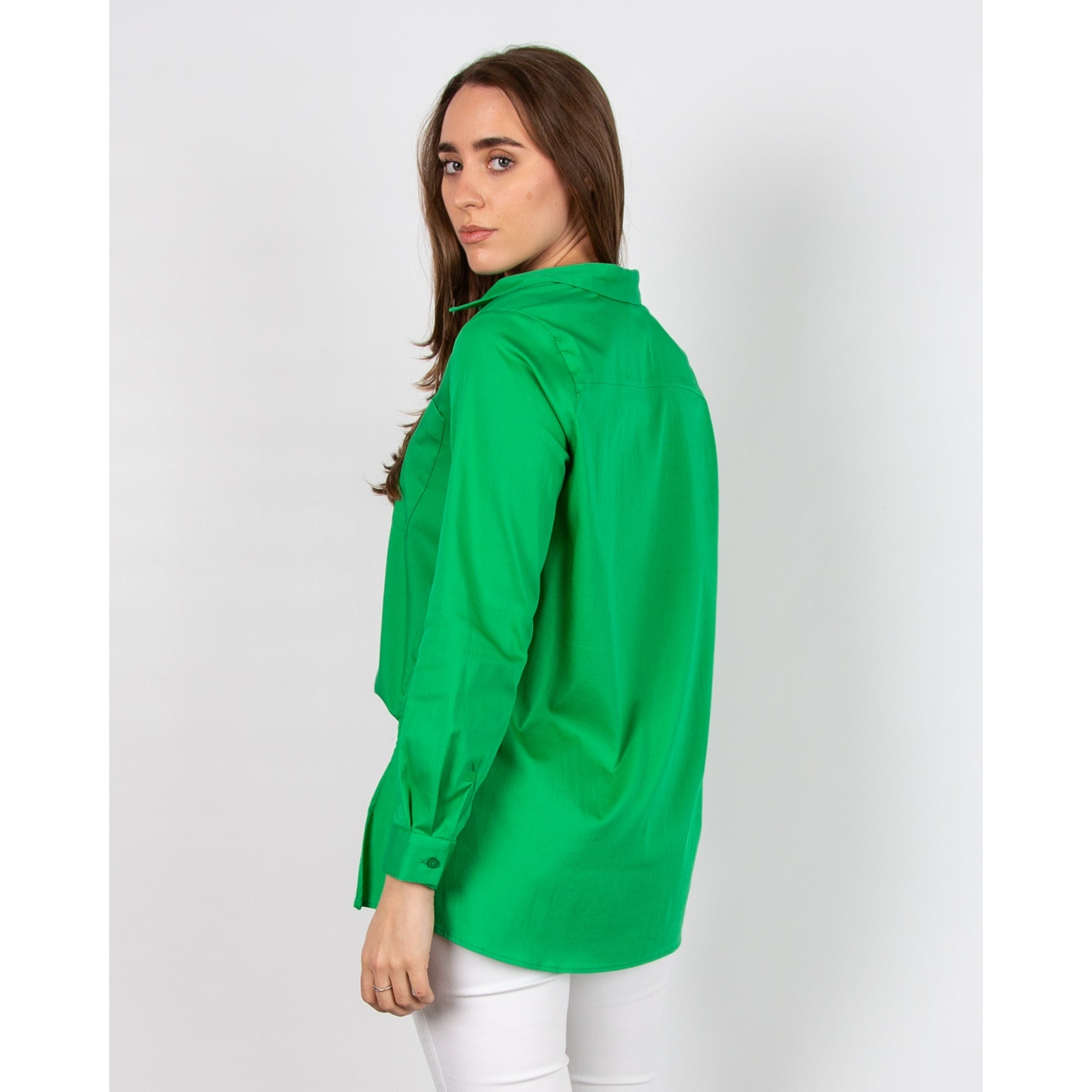 Milano Italy Pocket Front Split Side Dip Back Shirt Blouse Green