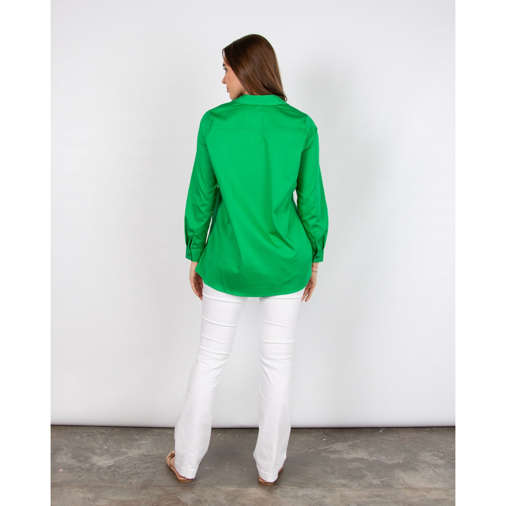 Milano Italy Pocket Front Split Side Dip Back Shirt Blouse Green