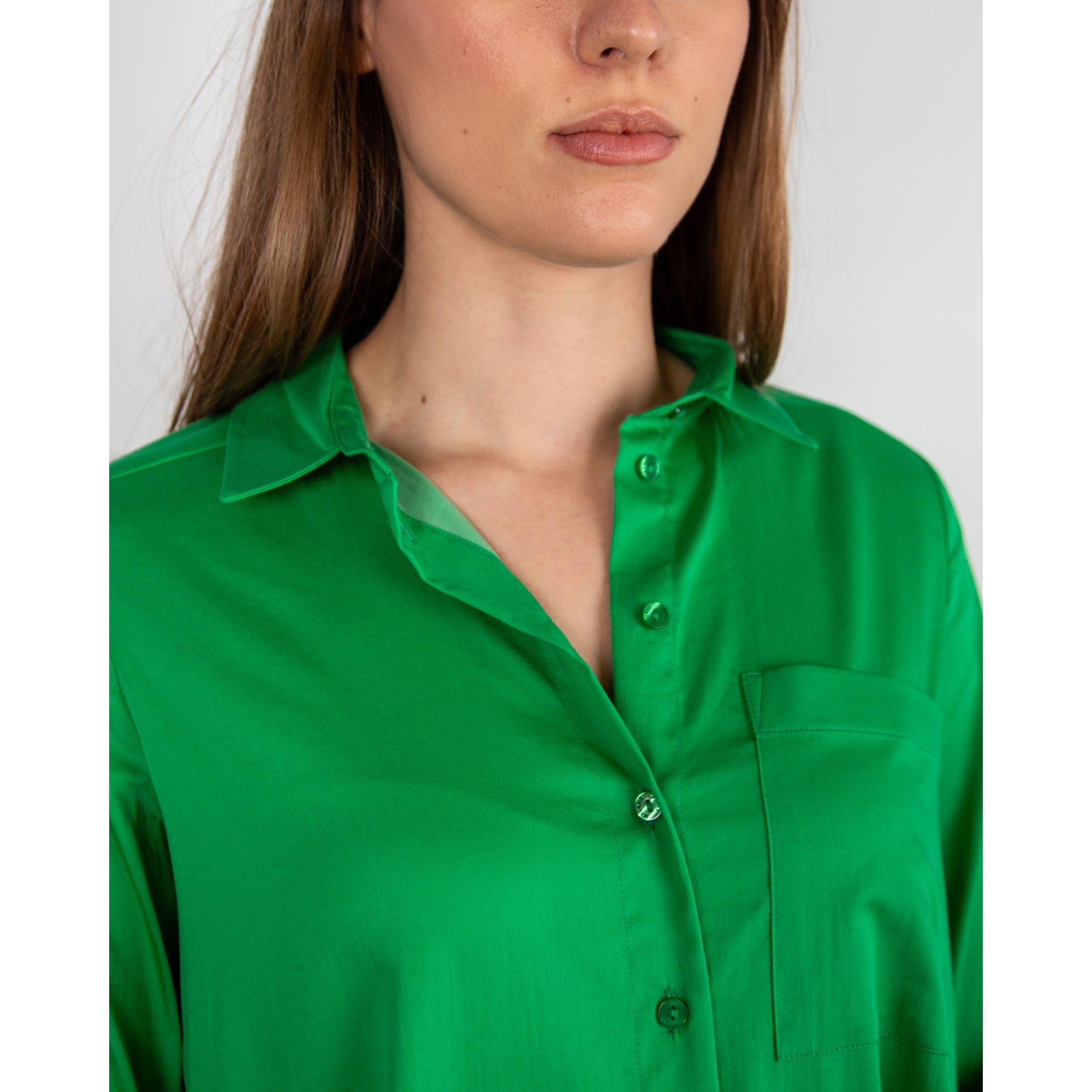 Milano Italy Pocket Front Split Side Dip Back Shirt Blouse Green