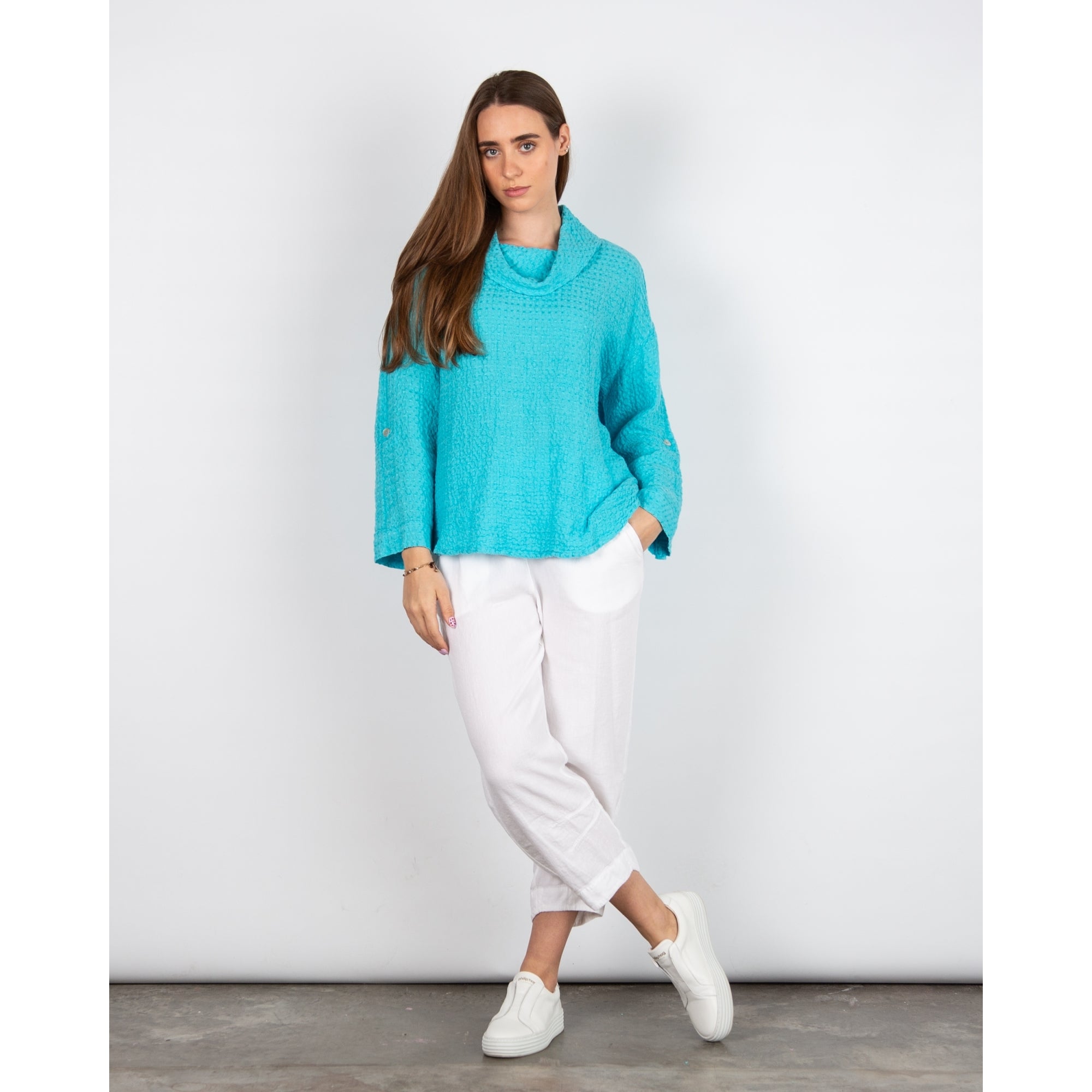 Sahara Waffle Linen Cowl Neck Top Turquoise