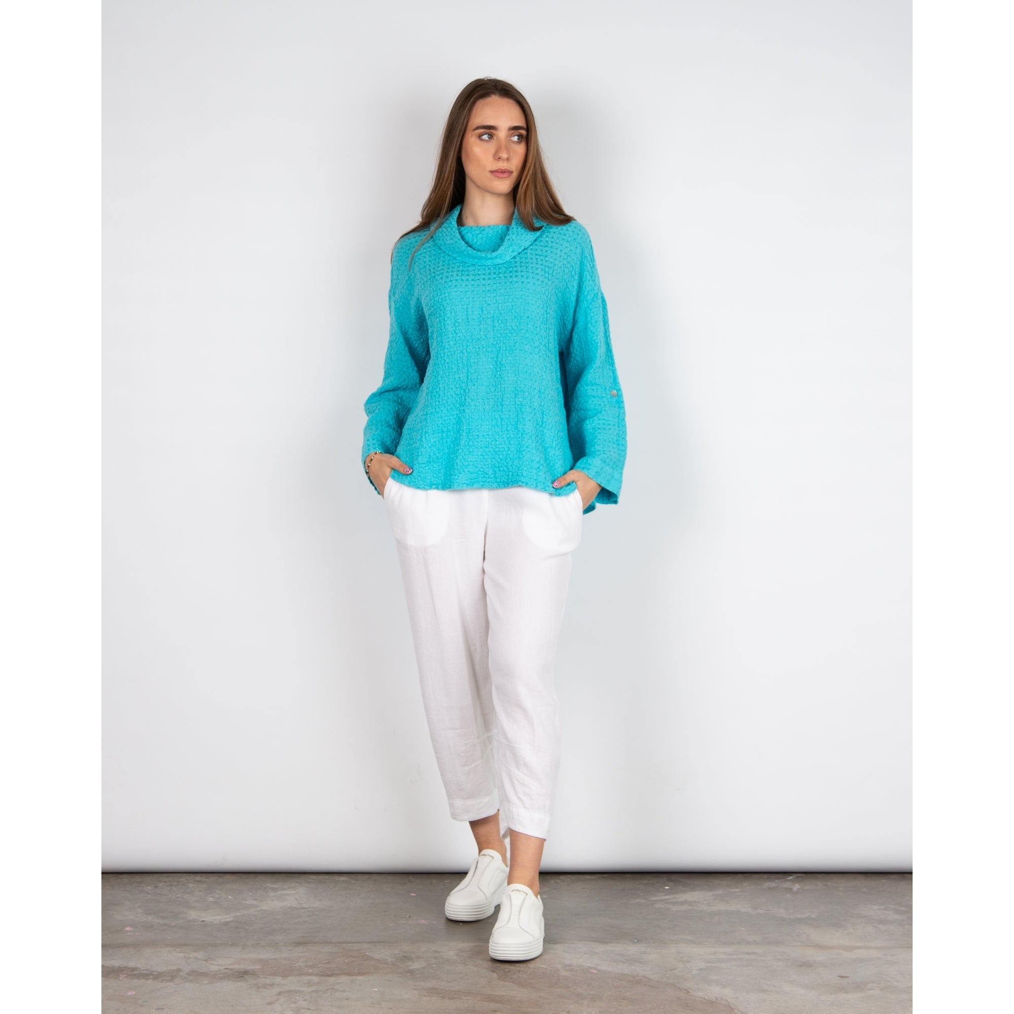 Sahara Waffle Linen Cowl Neck Top Turquoise